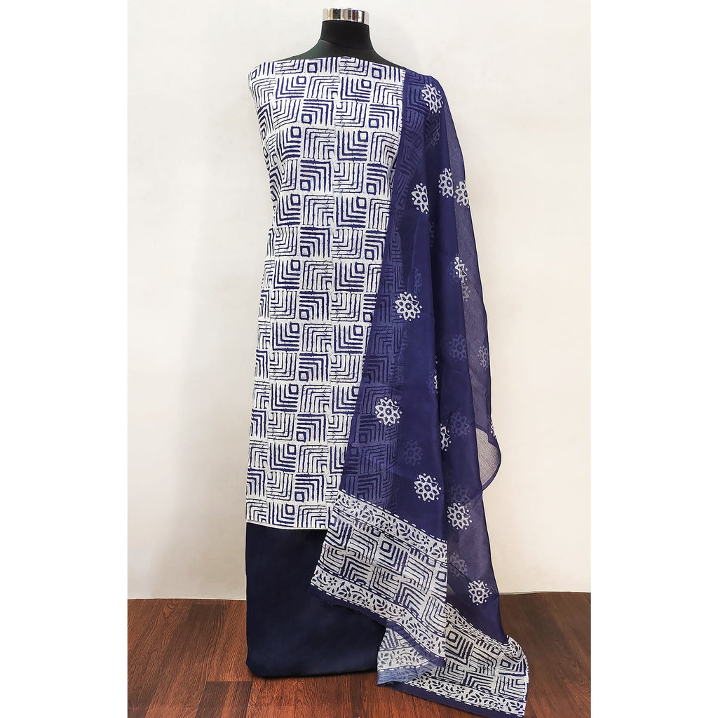 Blue Geometric Printed Pure Cotton Dress Material