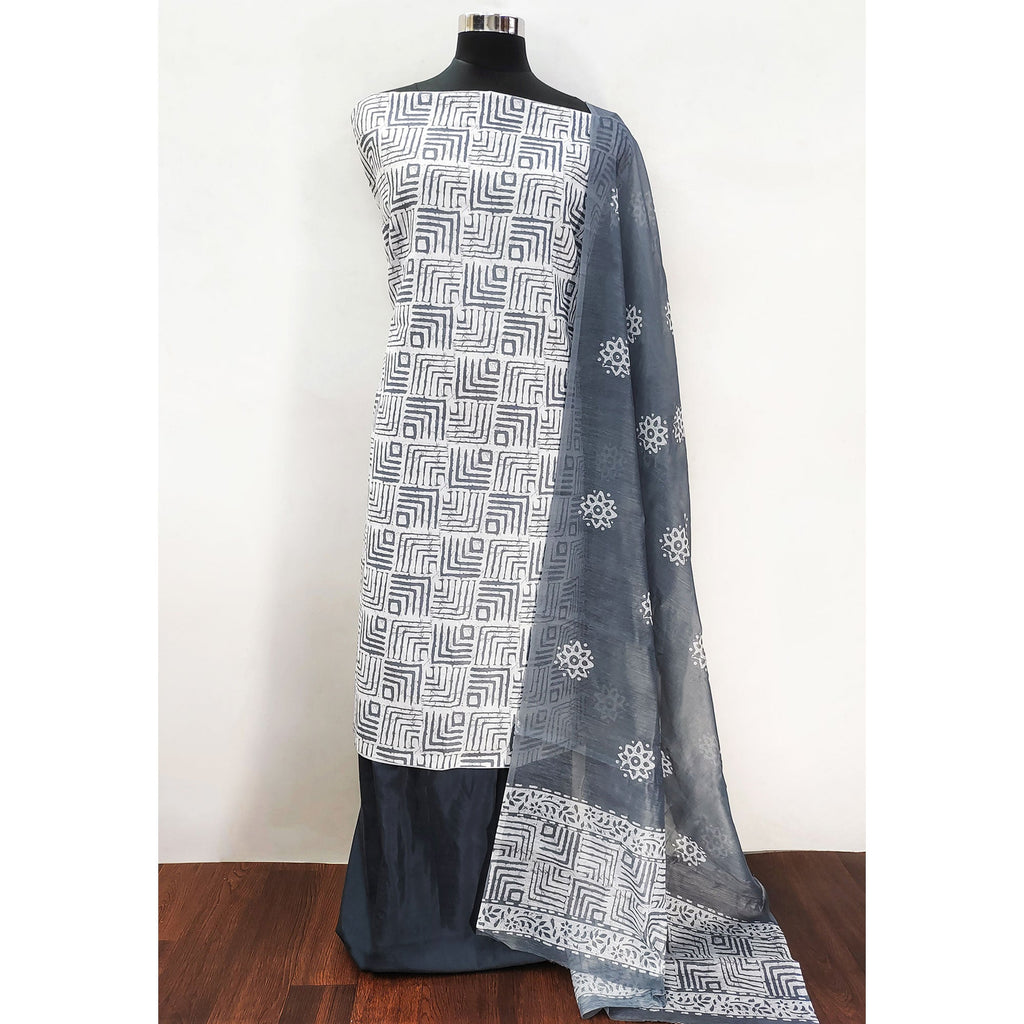 Grey Geometric Printed Pure Cotton Dress Material