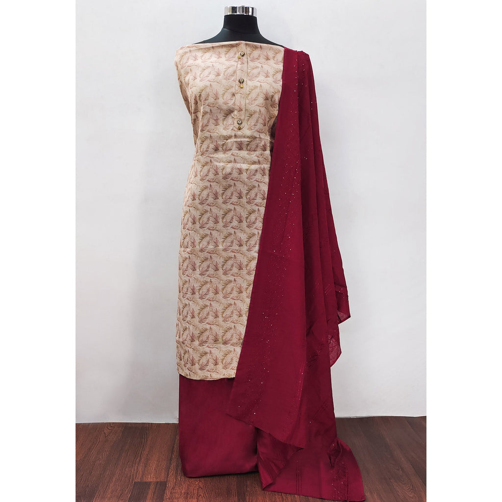 Beige Floral Printed Cotton Silk Dress Material