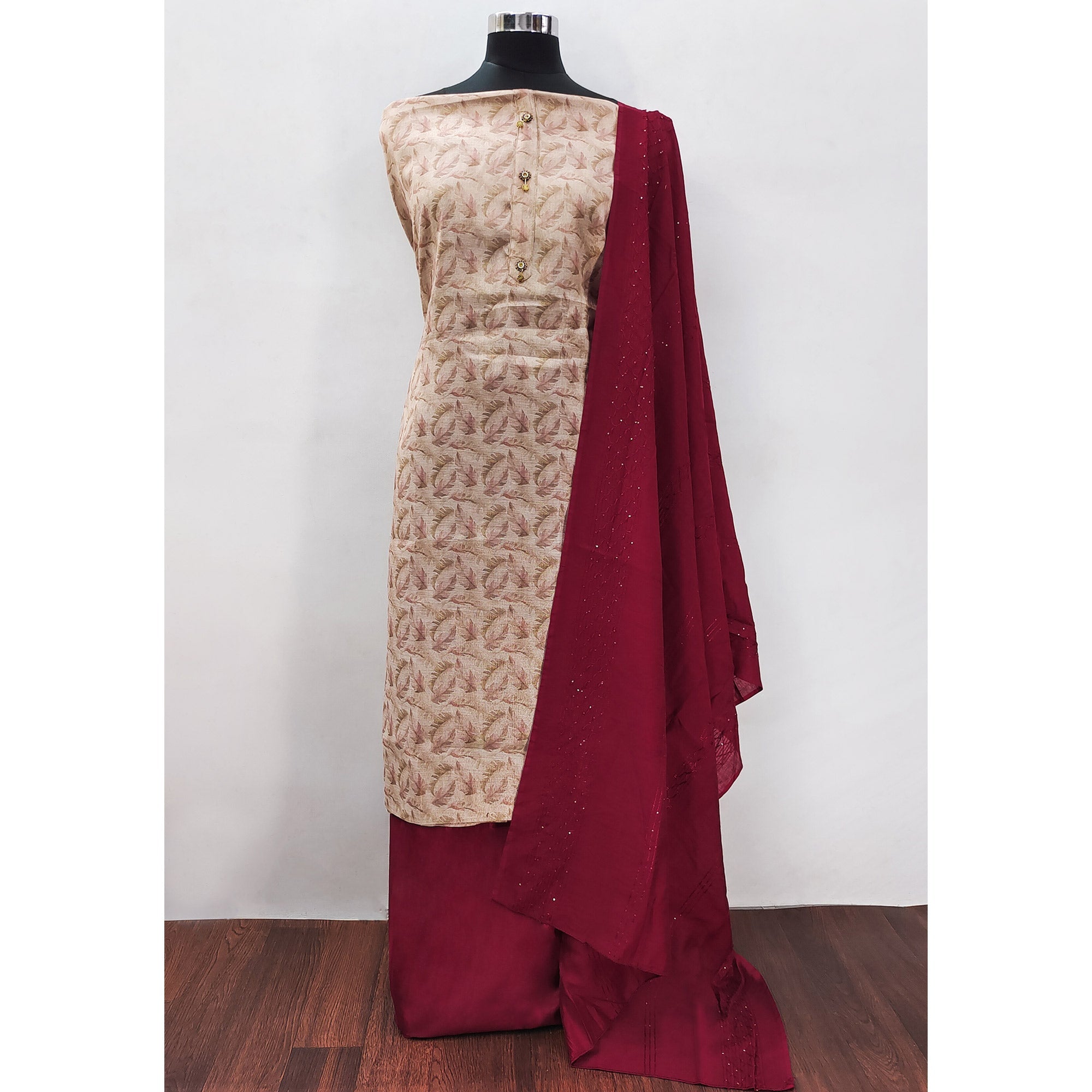 Beige Floral Printed Cotton Silk Dress Material