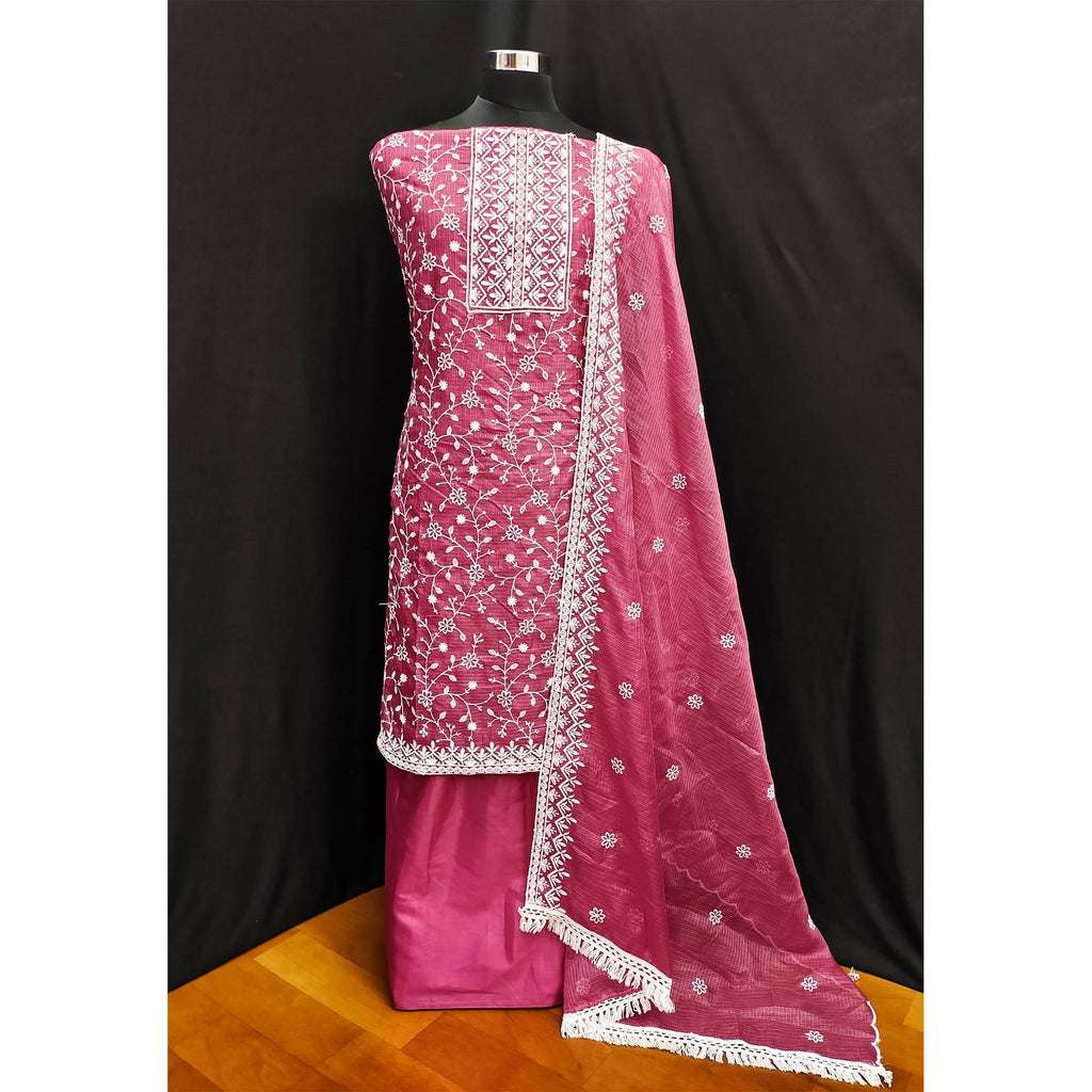 Pink Floral Embroidered Kota Doria Dress Material
