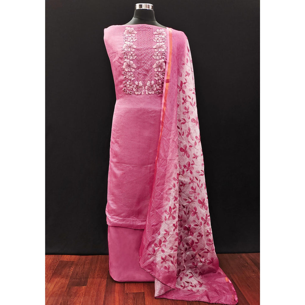 Pink Floral Embroidered Kota Doria Dress Material