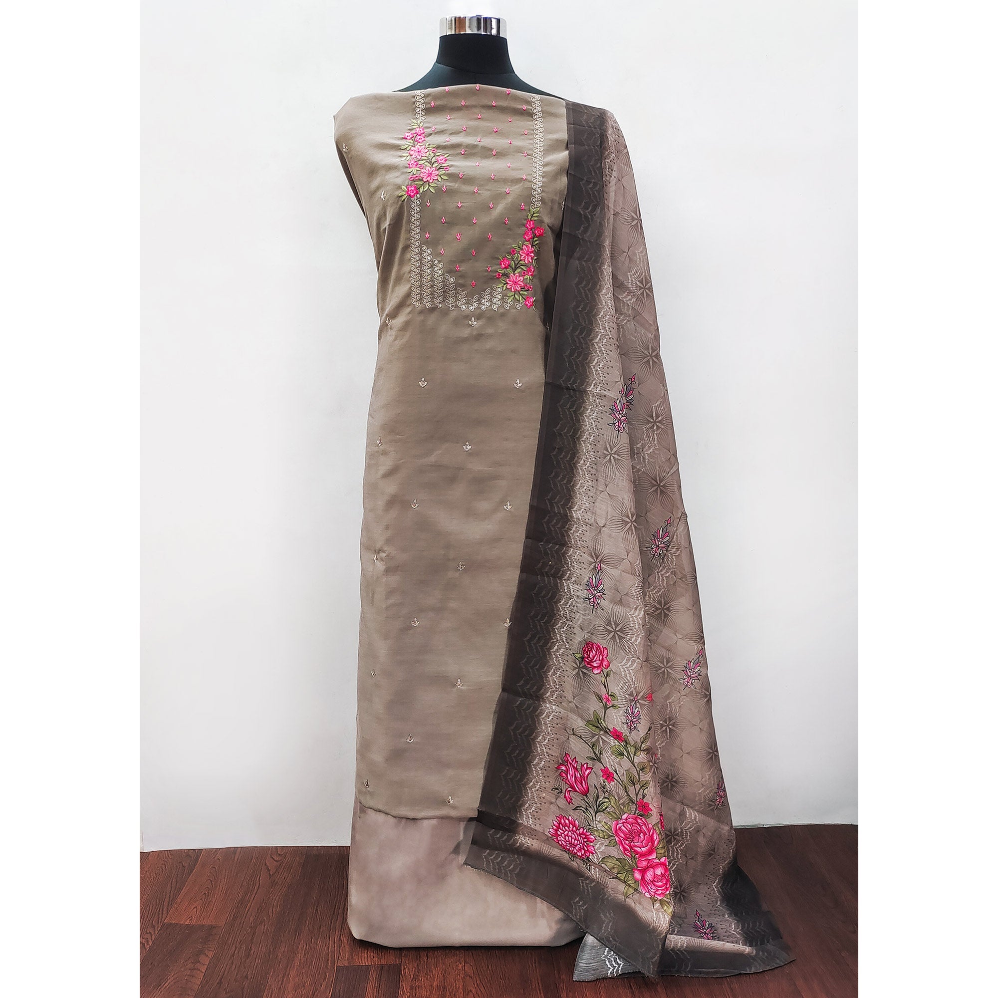 Brown Floral Embroidered Cotton Blend Dress Material