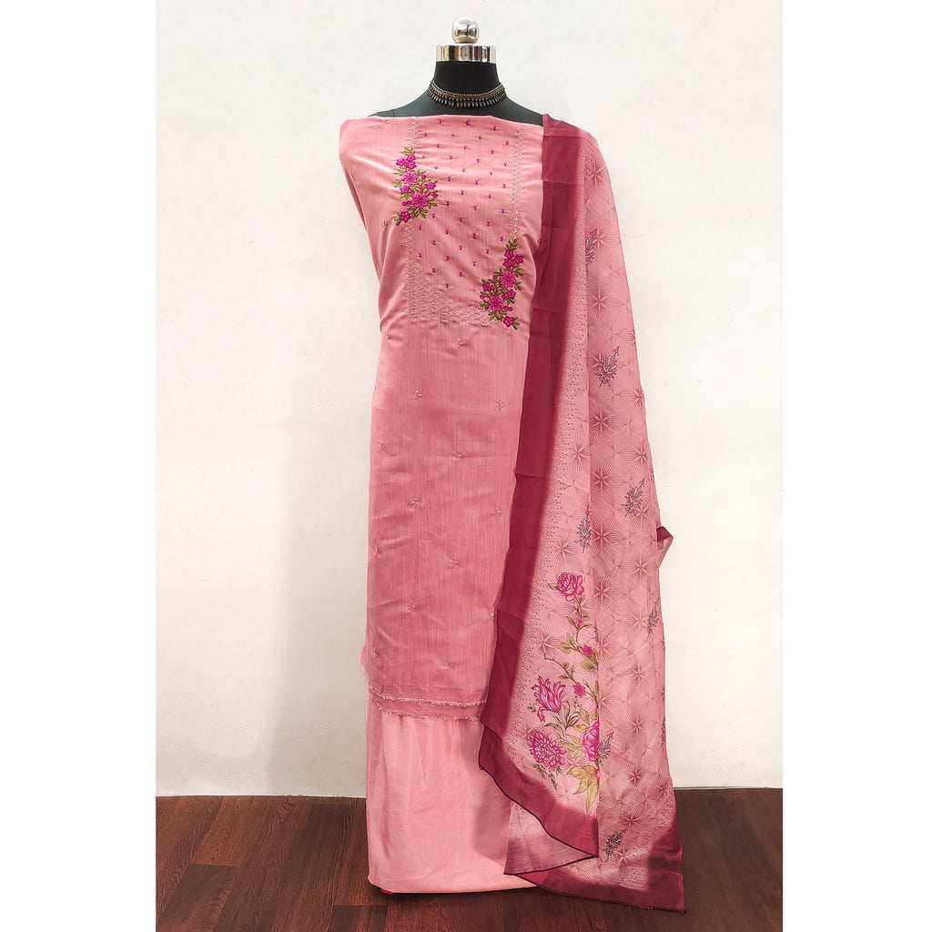 Light Peach Floral Embroidered Cotton Blend Dress Material