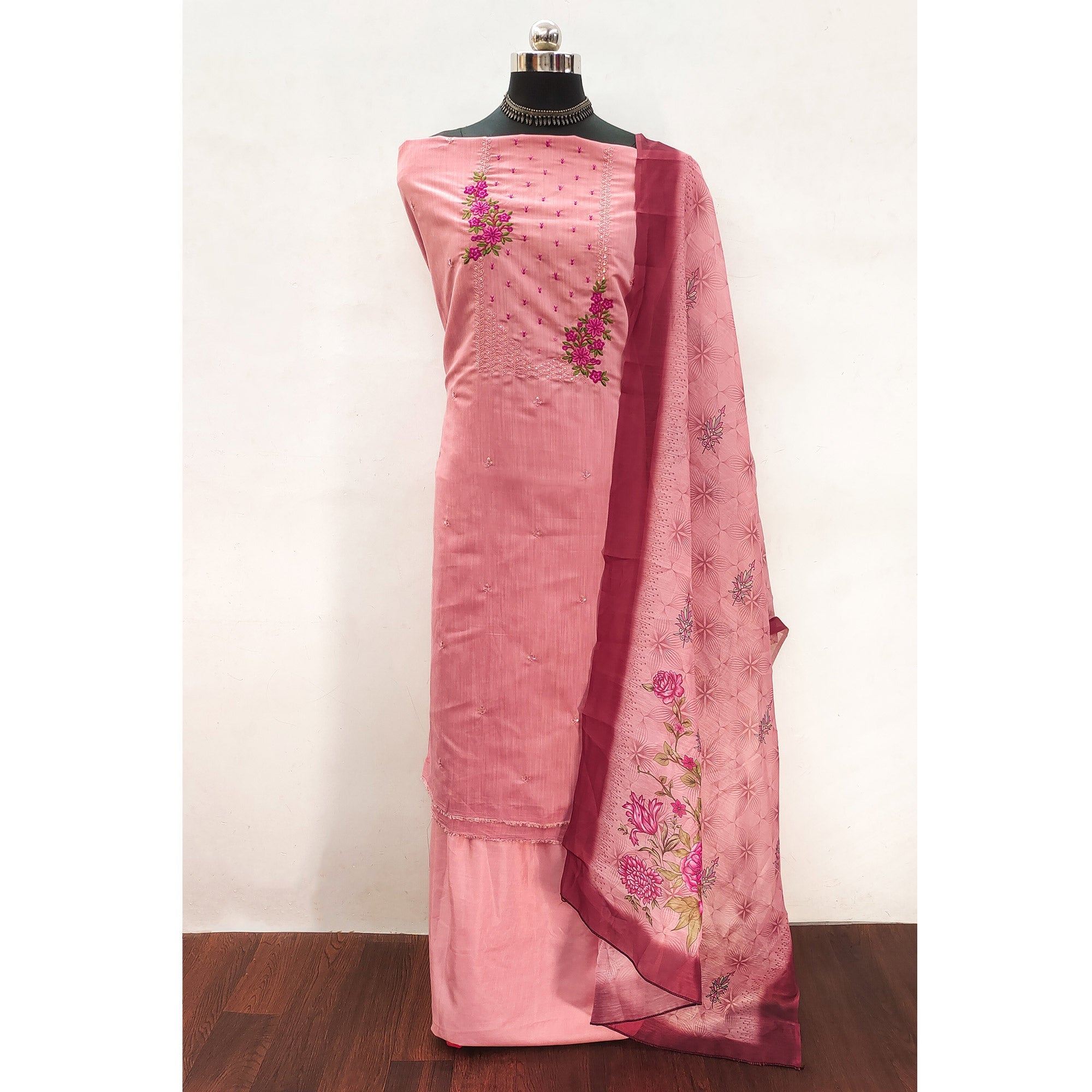 Light Peach Floral Embroidered Cotton Blend Dress Material