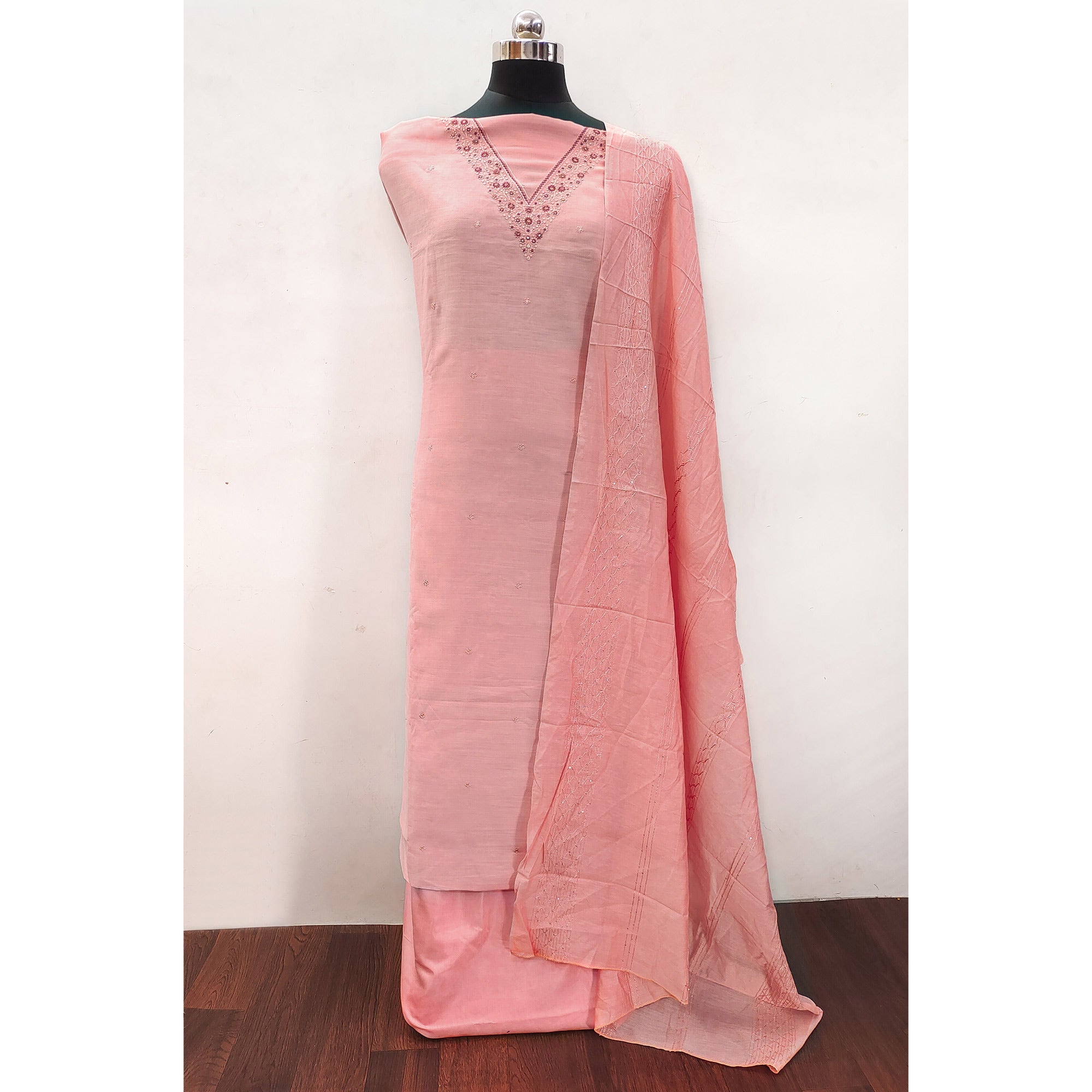 Peach Embroidered Cotton Blend Dress Material