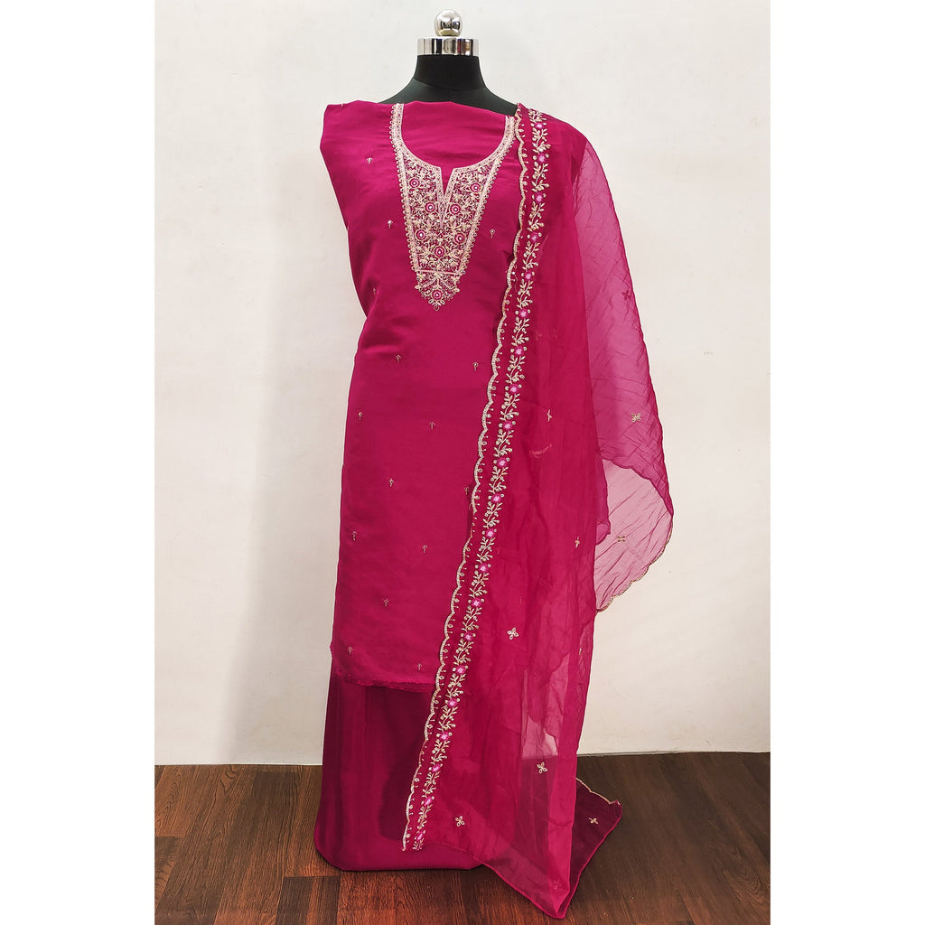 Pink Floral Embroidered Viscose Dress Material