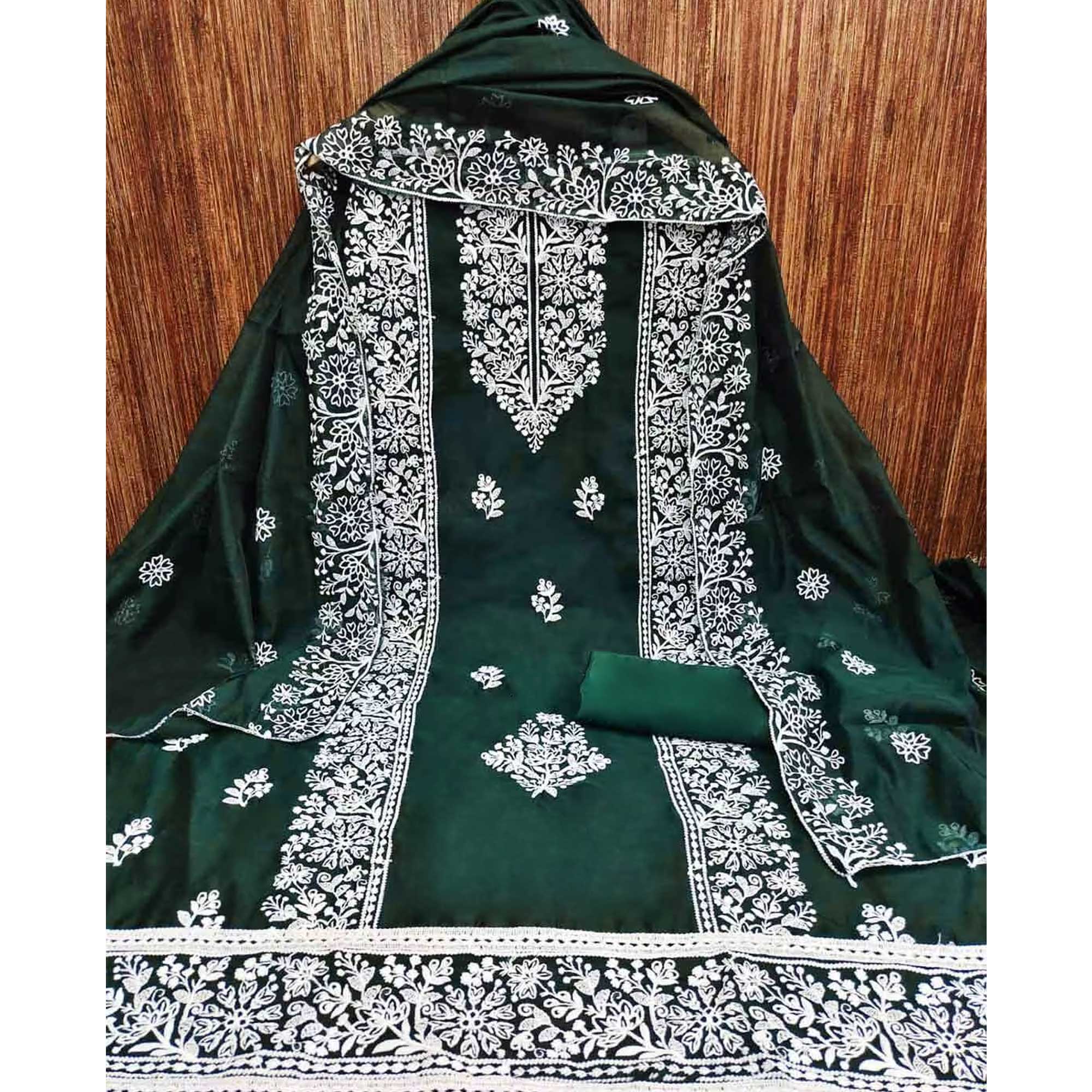 Green Floral Embroidered Chanderi Silk Dress Material