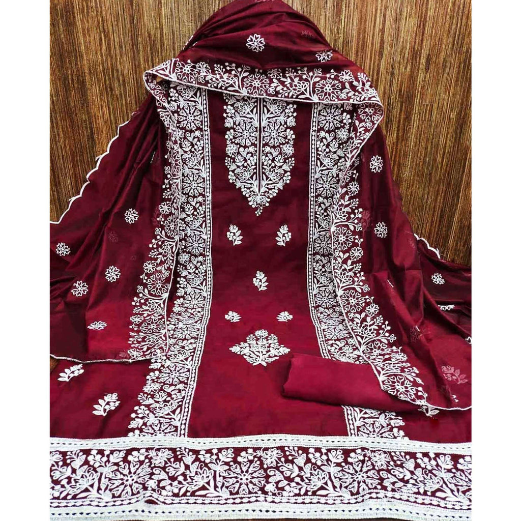 Maroon Floral Embroidered Chanderi Silk Dress Material