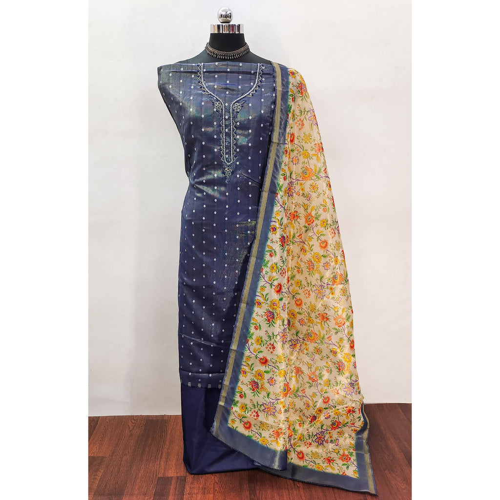 Blue Zari Work Woven Net Dress Material