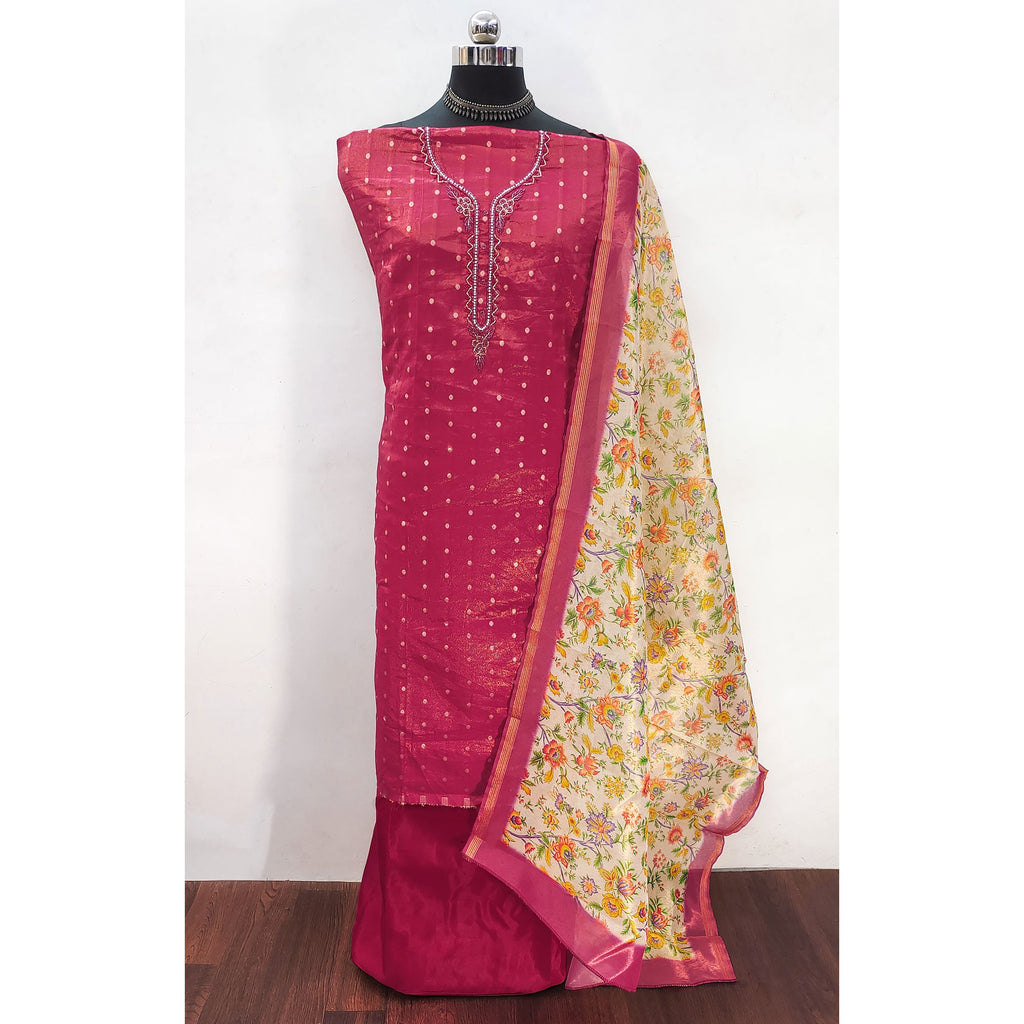 Pink Zari Work Woven Net Dress Material