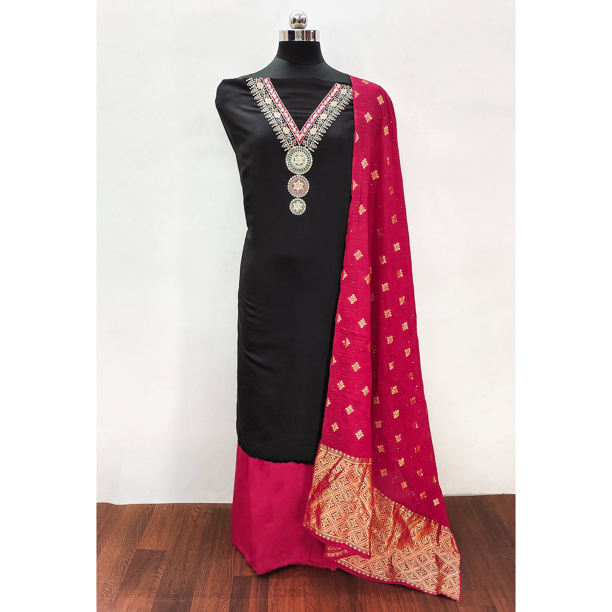 Black Embroidered Viscose Dress Material