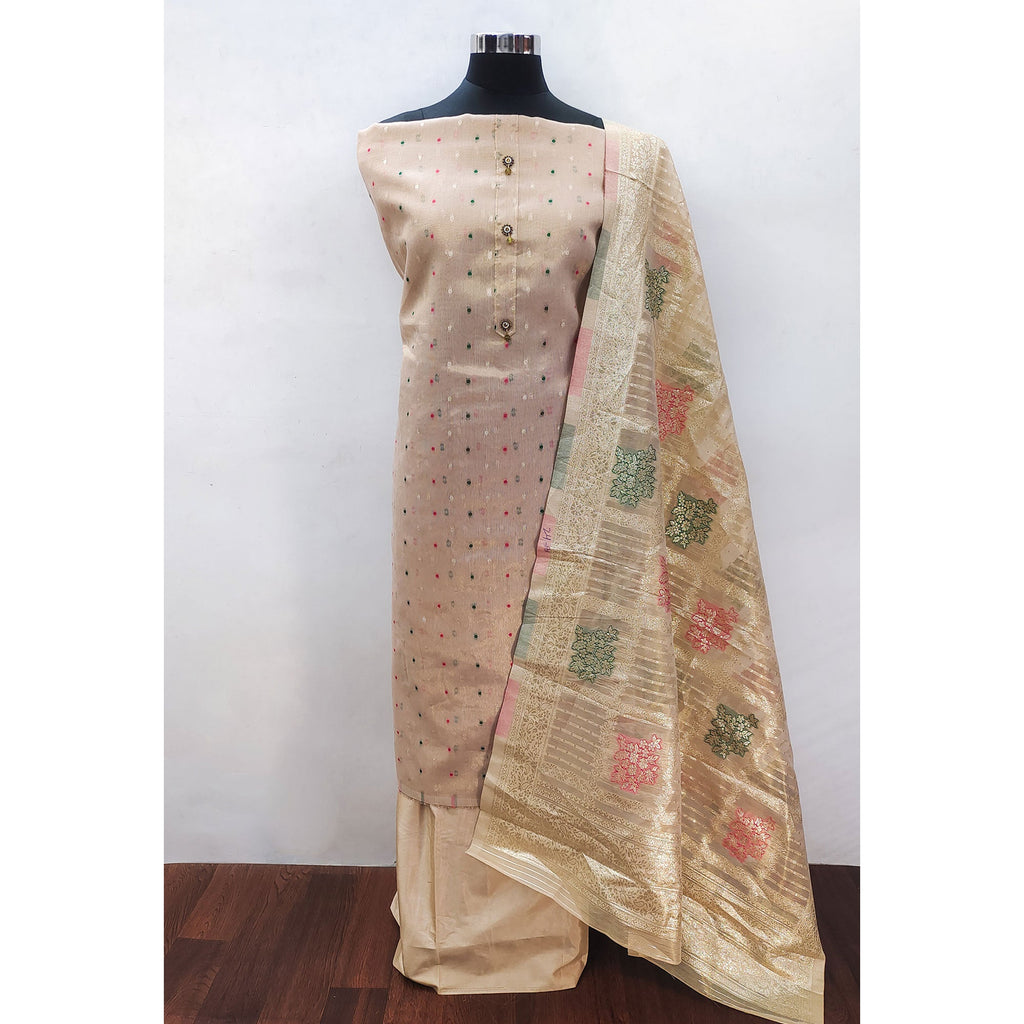Beige Zari Weaving Banarasi Silk Dress Material
