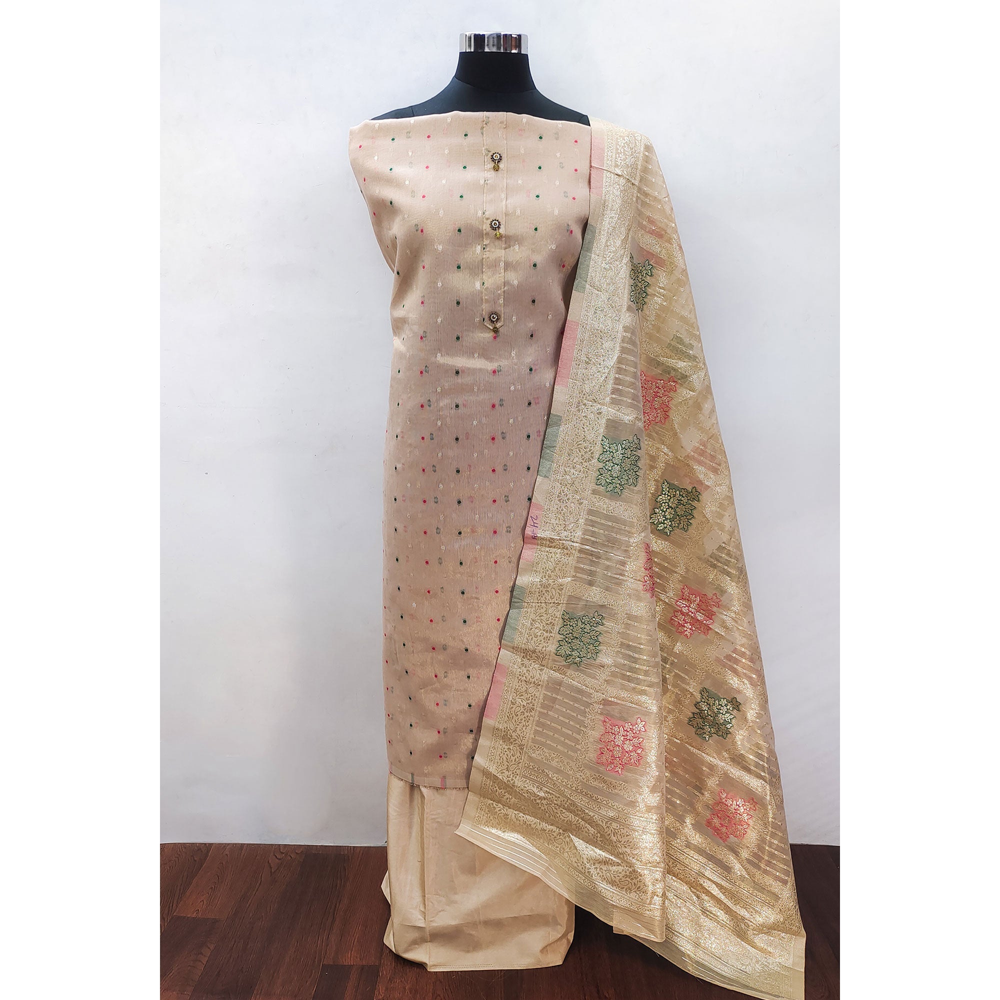 Beige Zari Weaving Banarasi Silk Dress Material