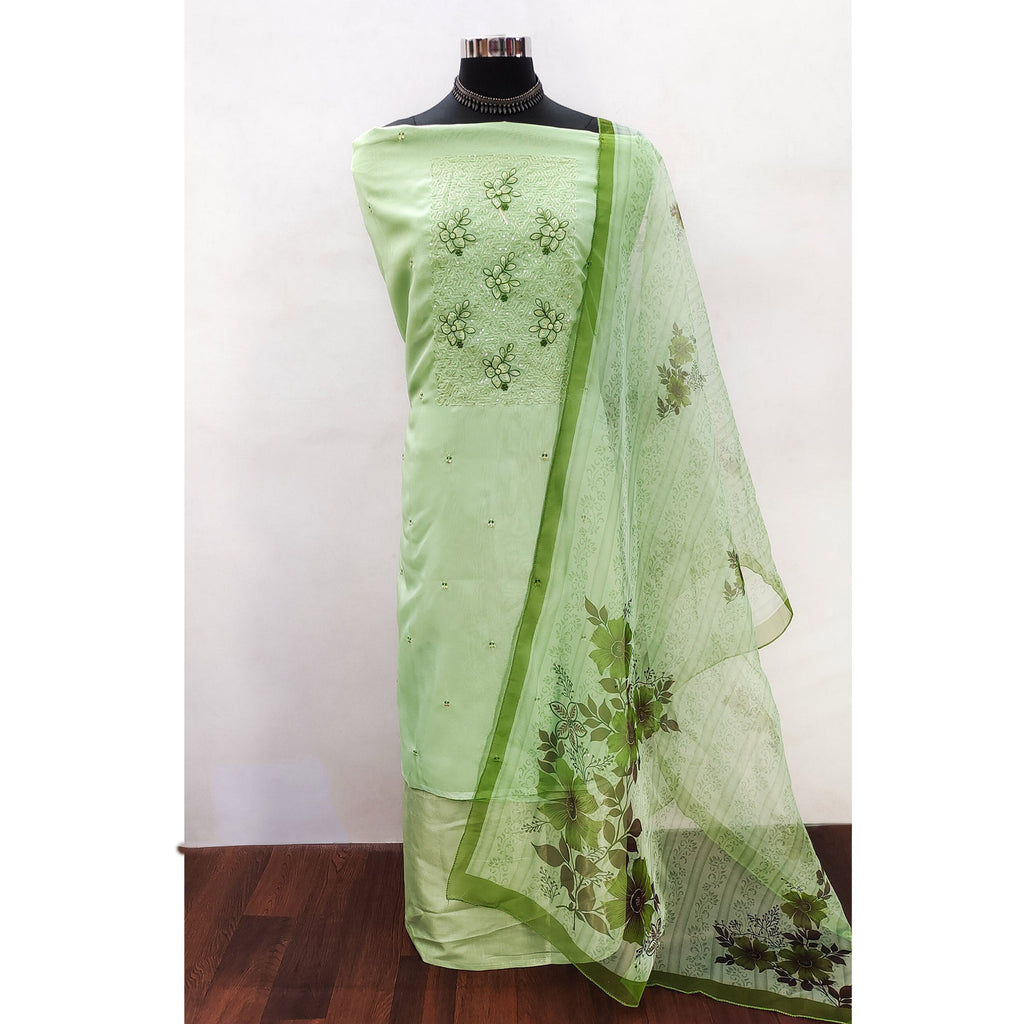 Pista Green Floral Embroidered Organza Dress Material