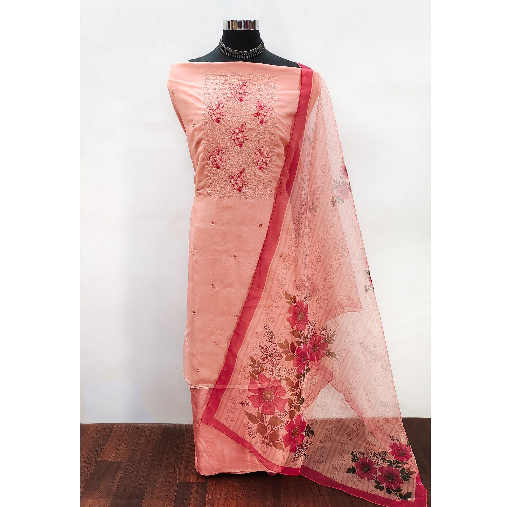 Peach Floral Embroidered Organza Dress Material