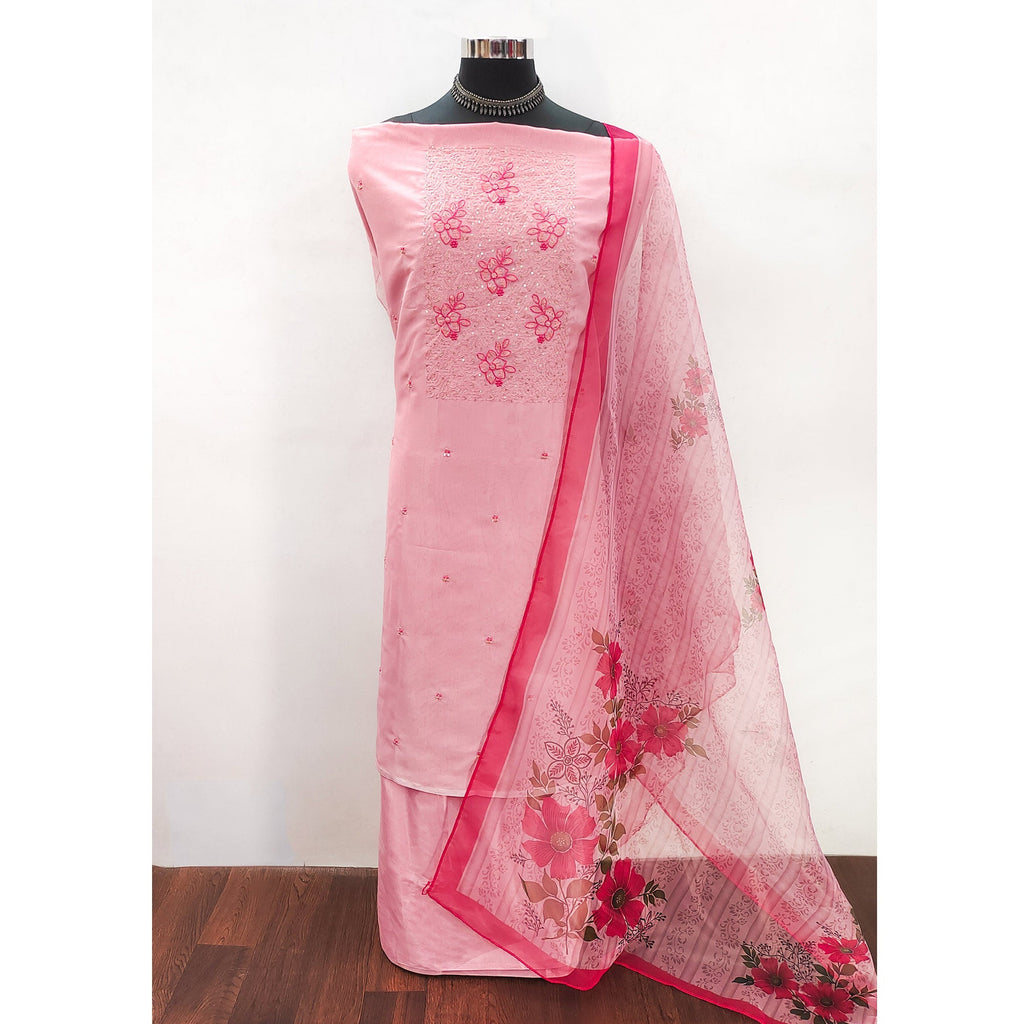 Pink Floral Embroidered Organza Dress Material