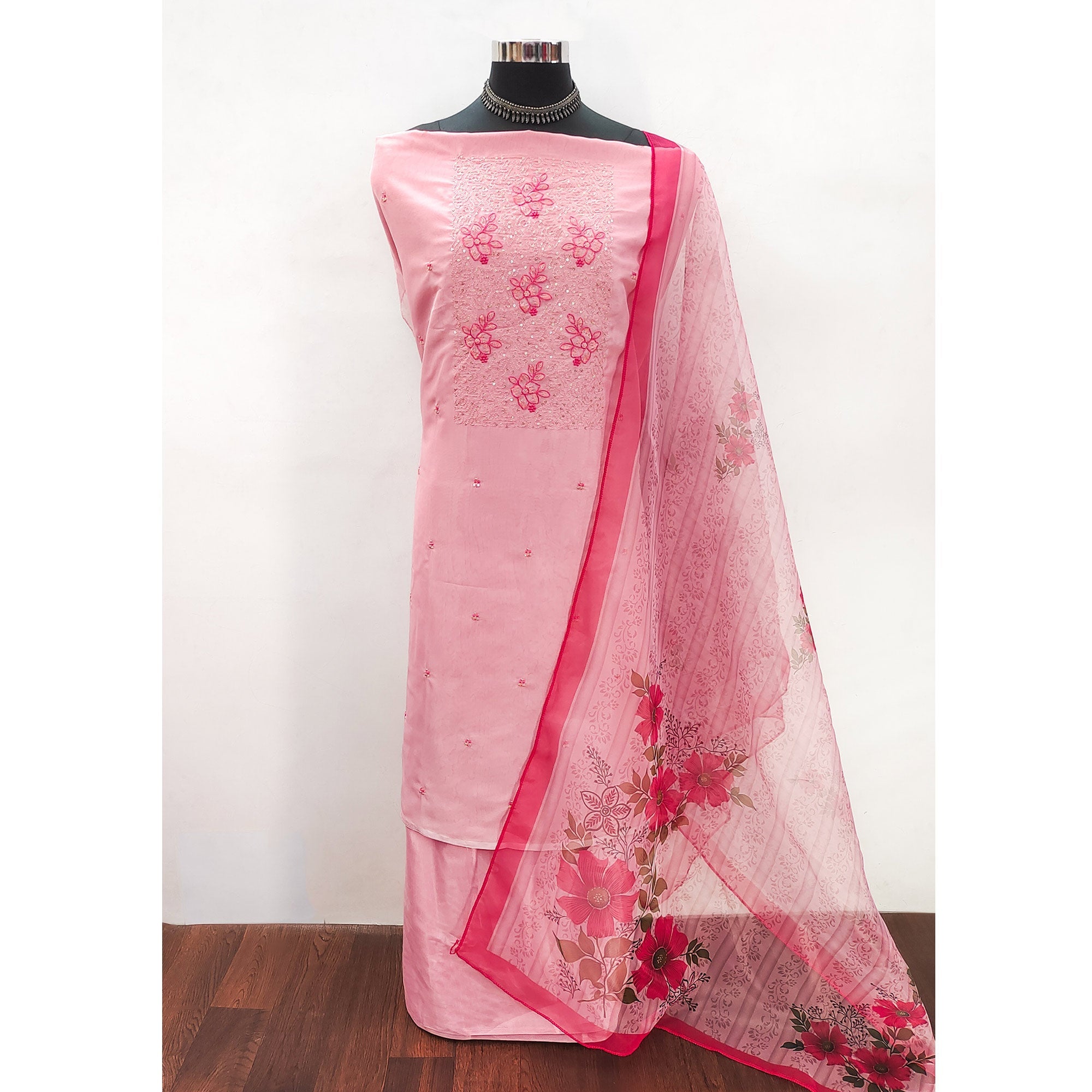 Pink Floral Embroidered Organza Dress Material