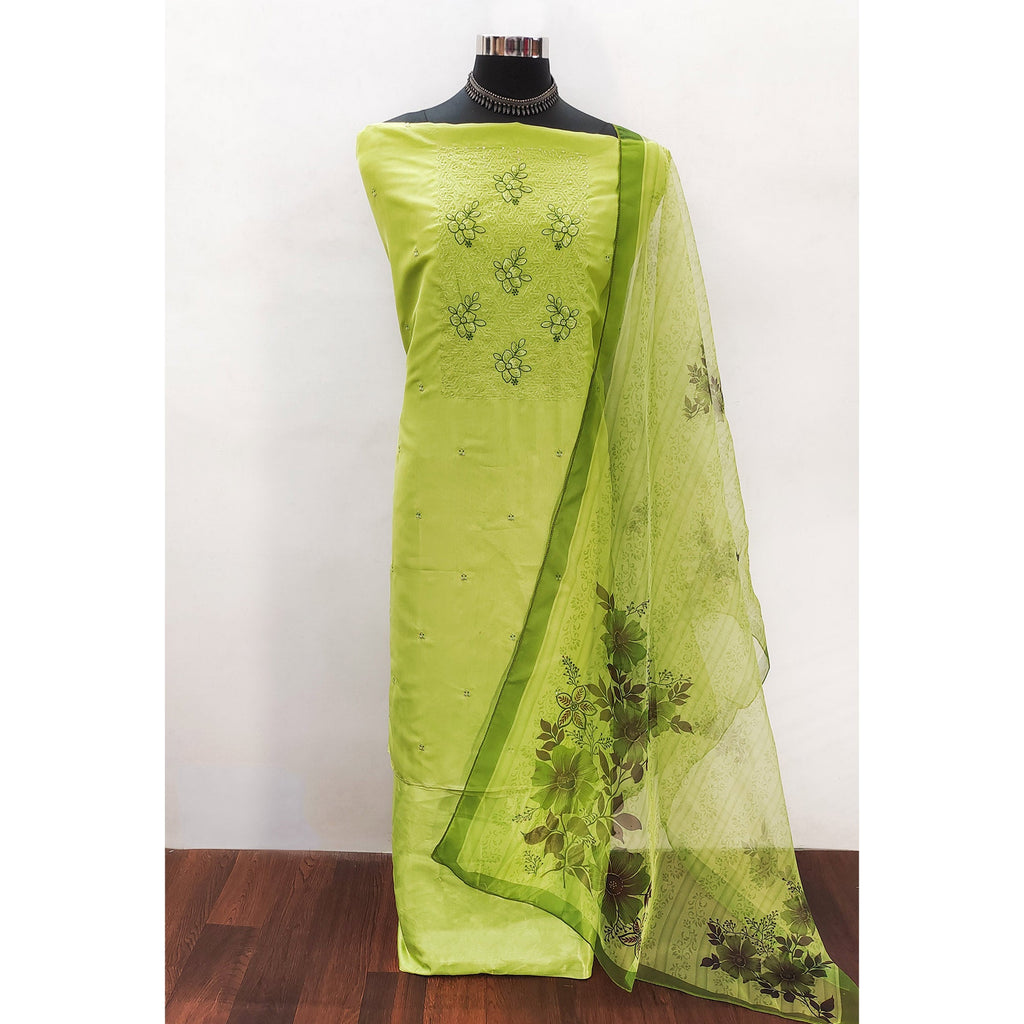 Green Floral Embroidered Organza Dress Material