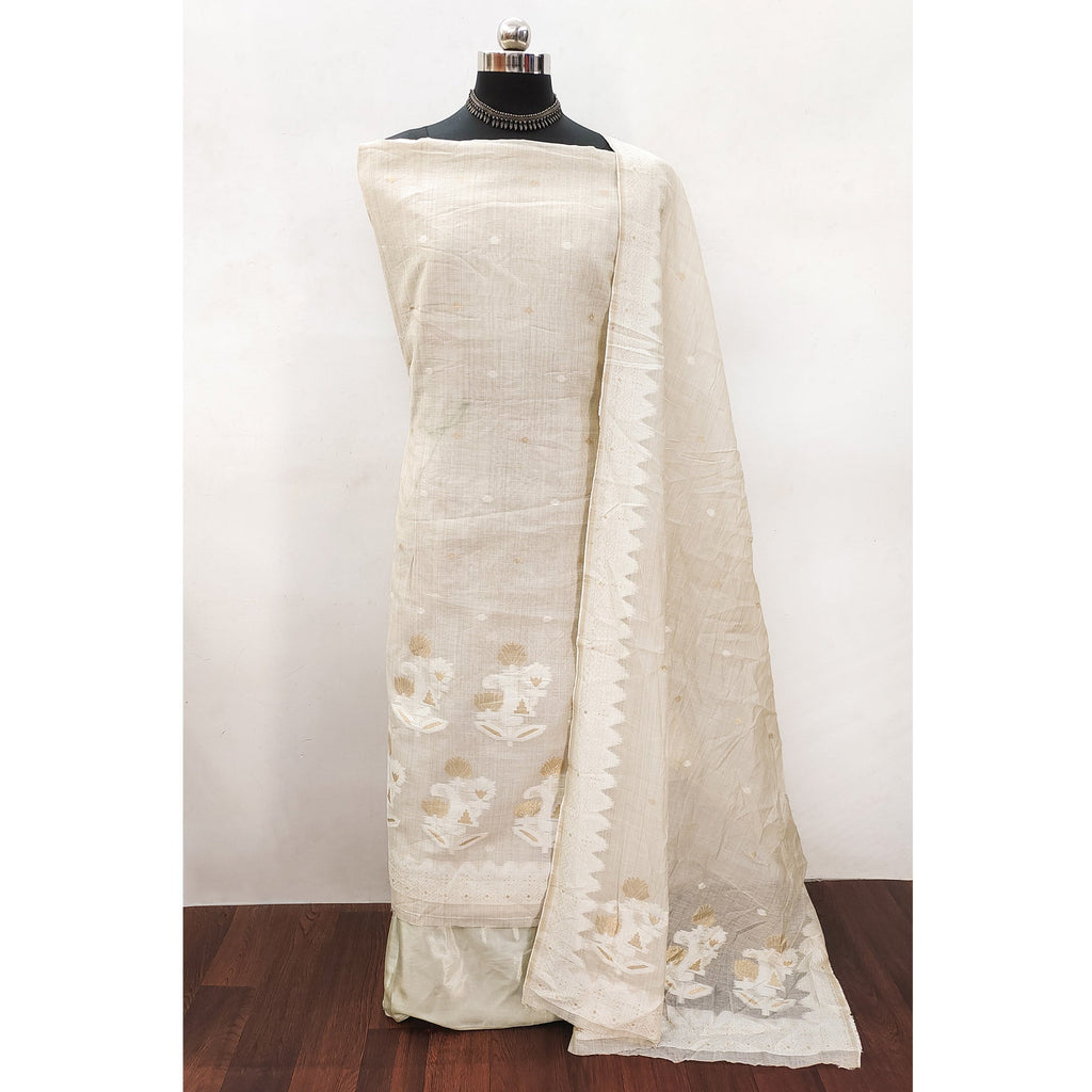 Cream Floral Woven Banarasi Silk Dress Material