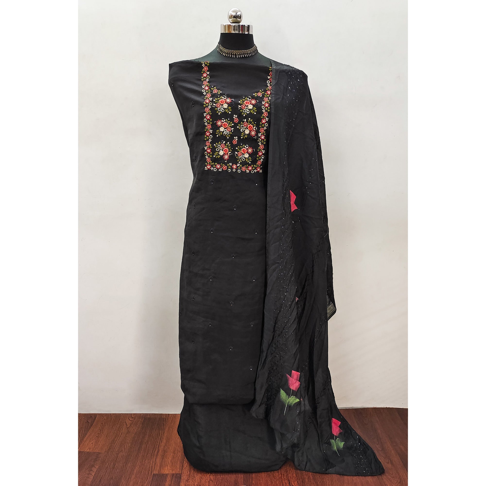 Black Floral Embroidered Viscose Dress Material
