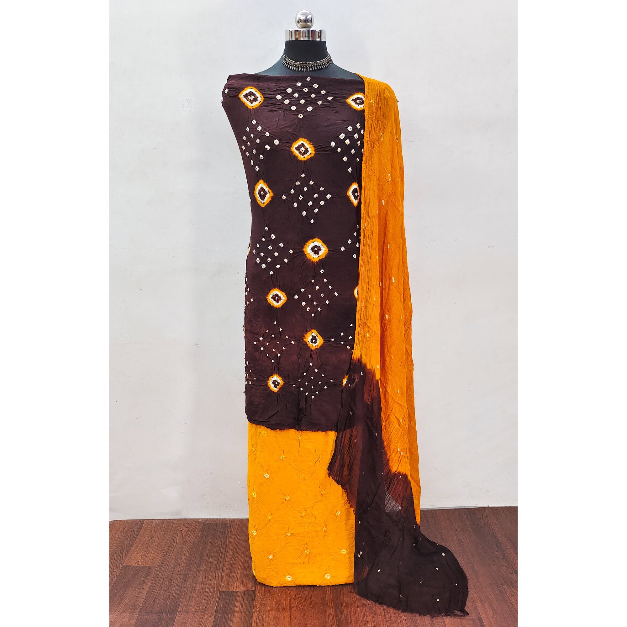 Dark Brown Tie & Dye Printed Rayon Dress Material