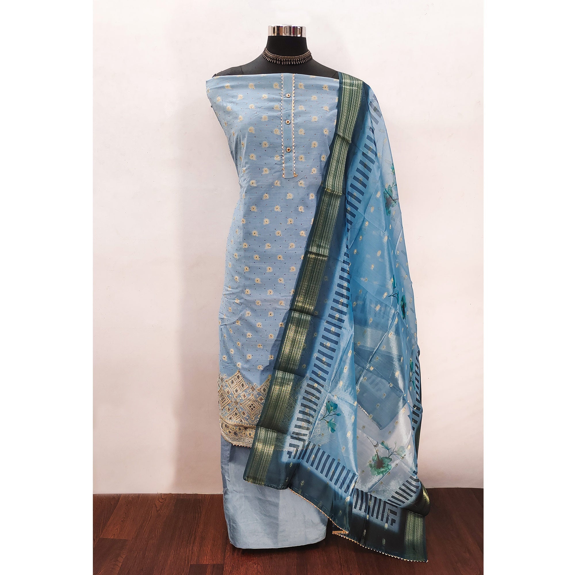 Blue Woven With Swarovski Work Banarasi Silk Dress Material