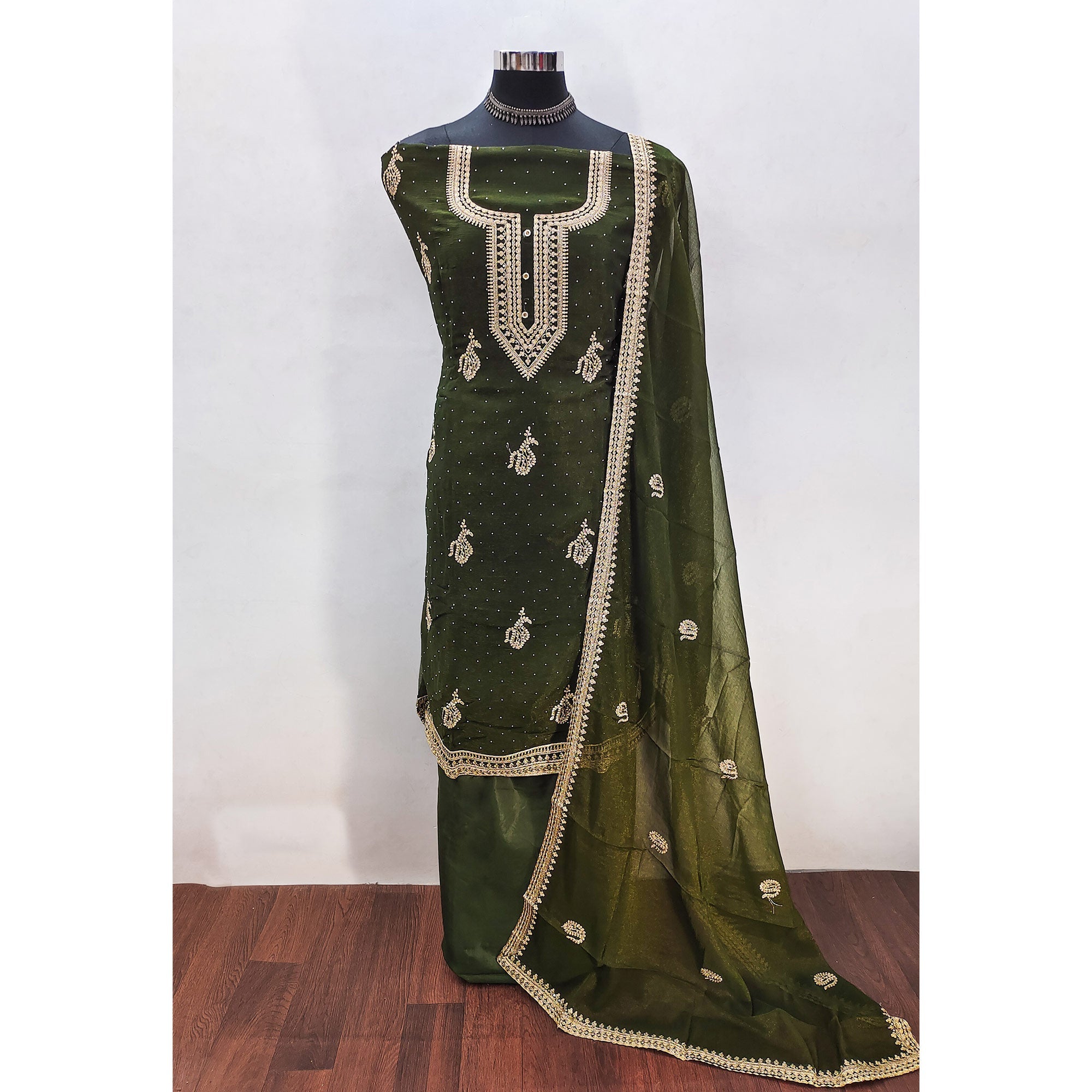 Mehendi Green Floral Embroidery With Swarovski Work Georgette Dress Material