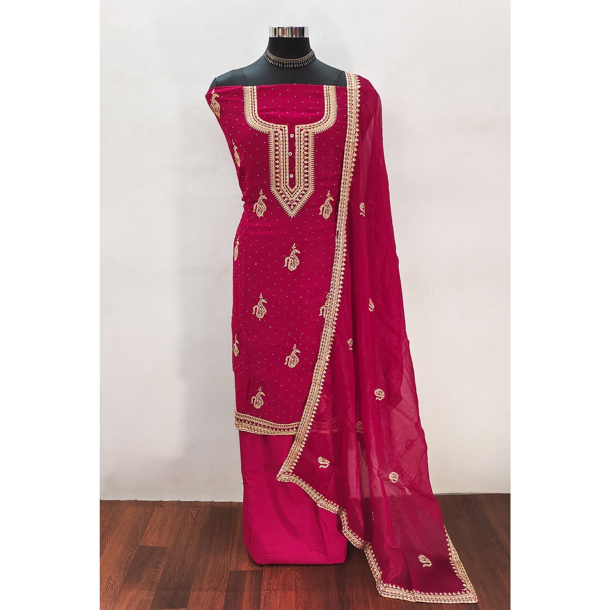 Pink Floral Embroidery With Swarovski Work Georgette Dress Material