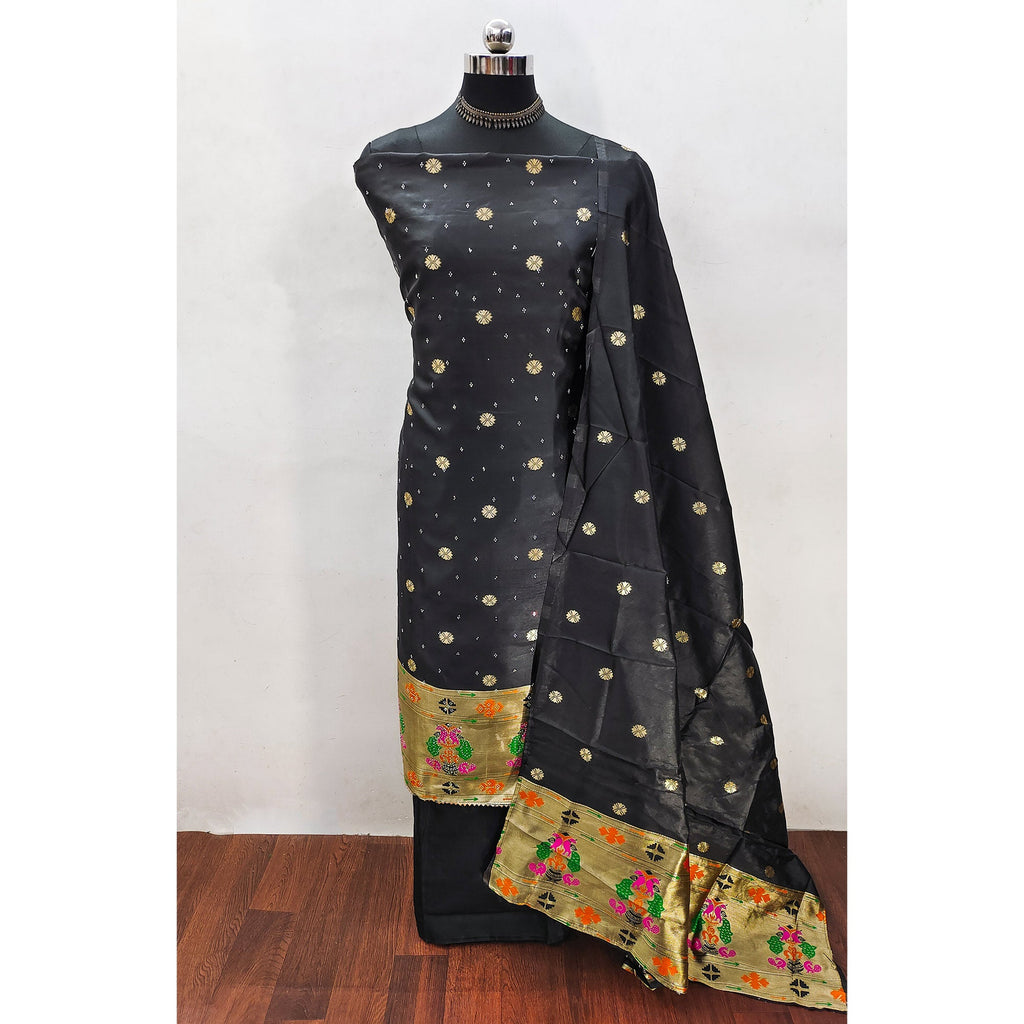 Black Floral Woven With Swarovski Work Banarasi Silk Dress Material