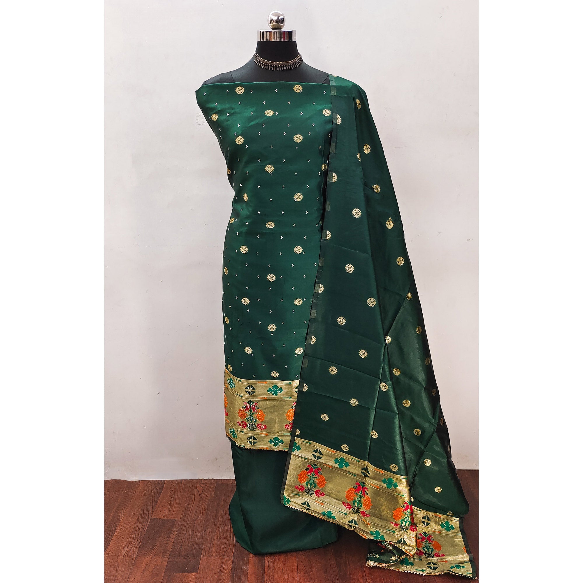 Green Floral Woven With Swarovski Work Banarasi Silk Dress Material