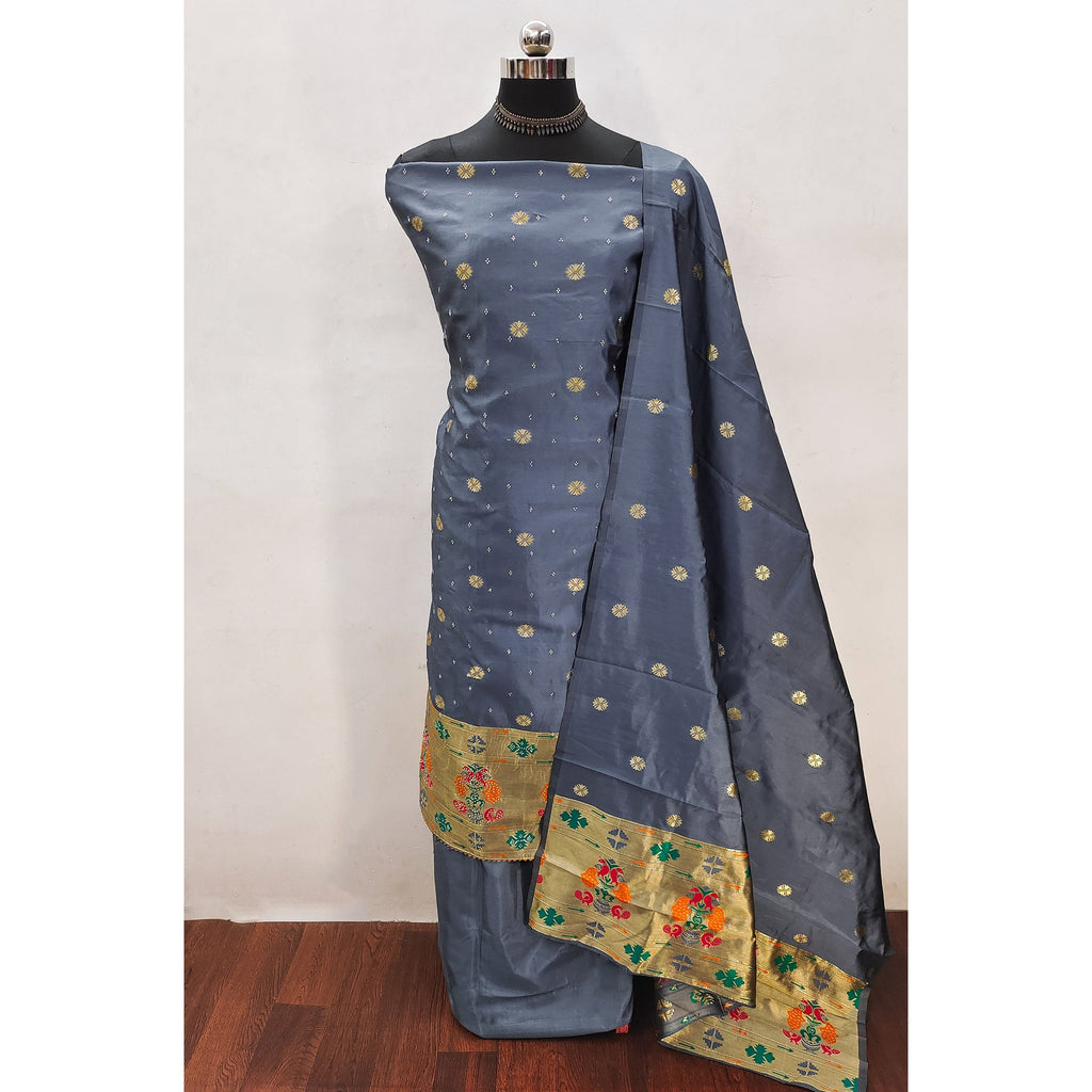 Grey Floral Woven With Swarovski Work Banarasi Silk Dress Material