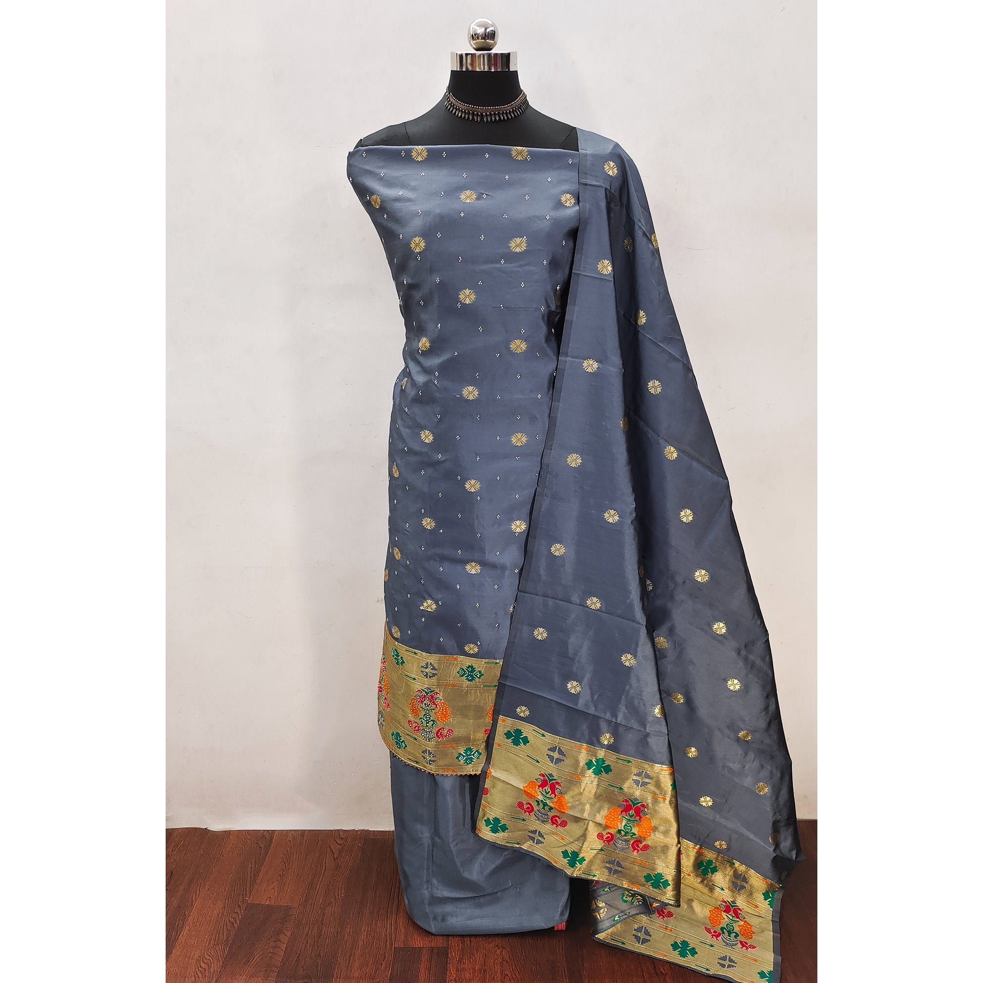 Grey Floral Woven With Swarovski Work Banarasi Silk Dress Material