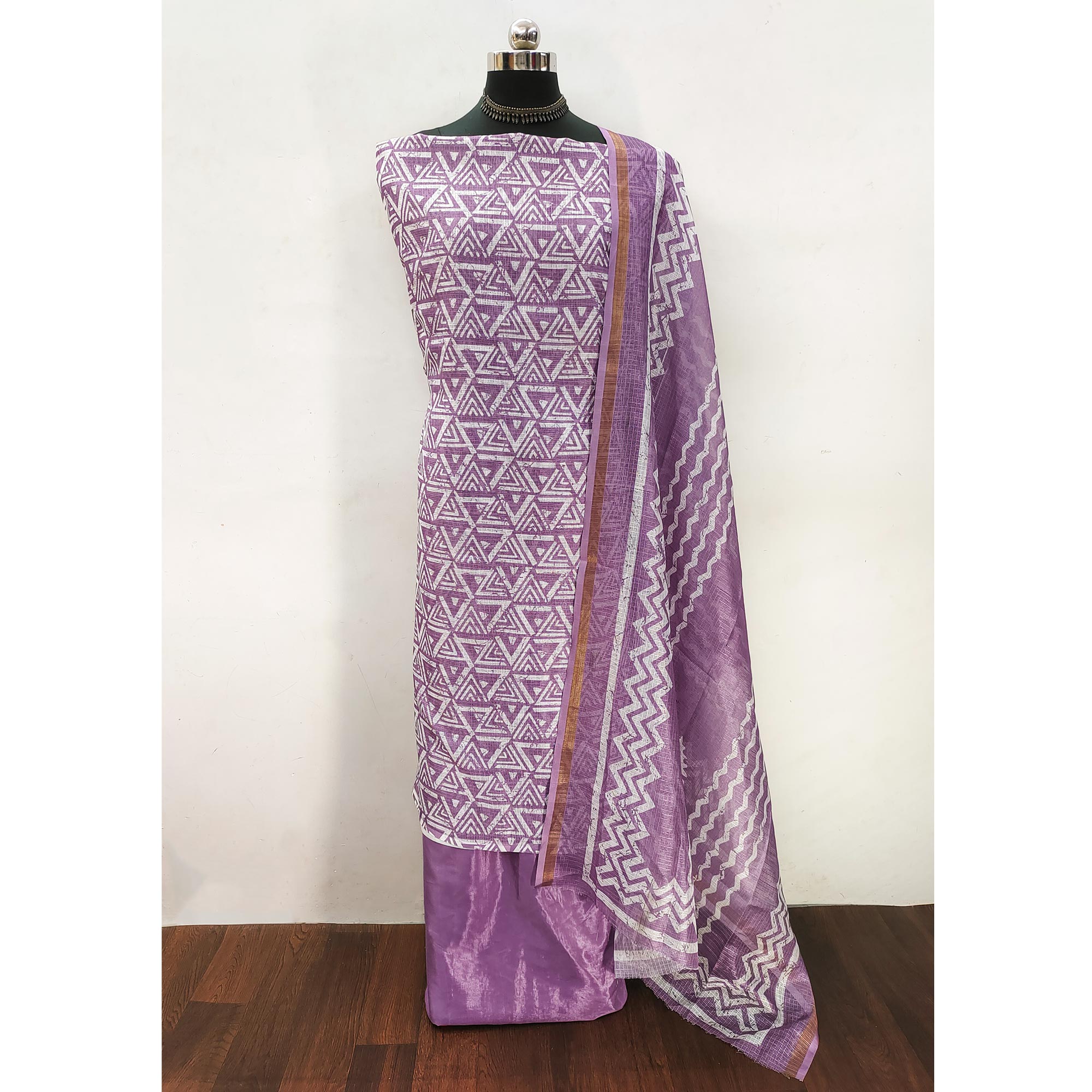 Lavender Geometric Printed Kota Doria Dress Material