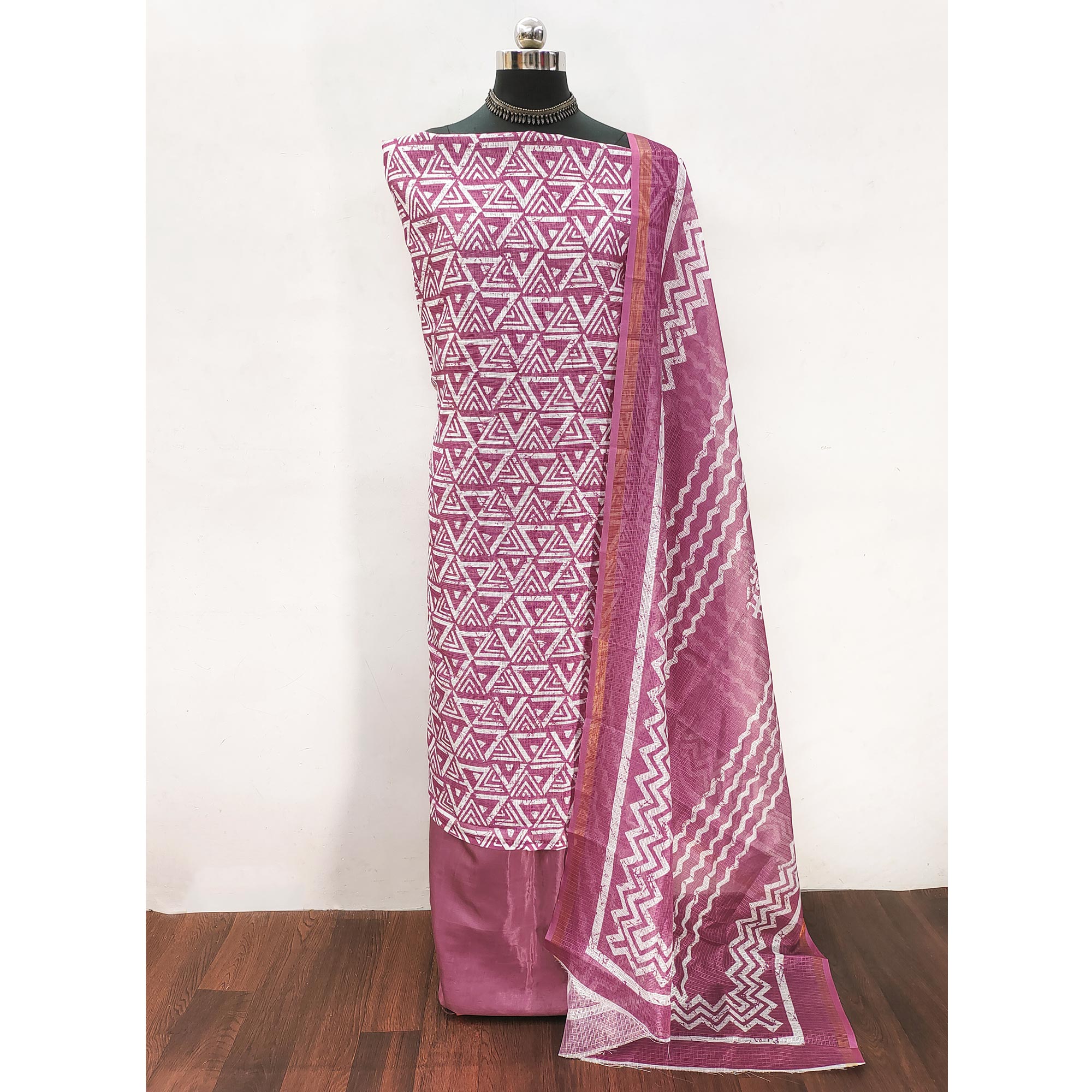 Mauve Geometric Printed Kota Doria Dress Material