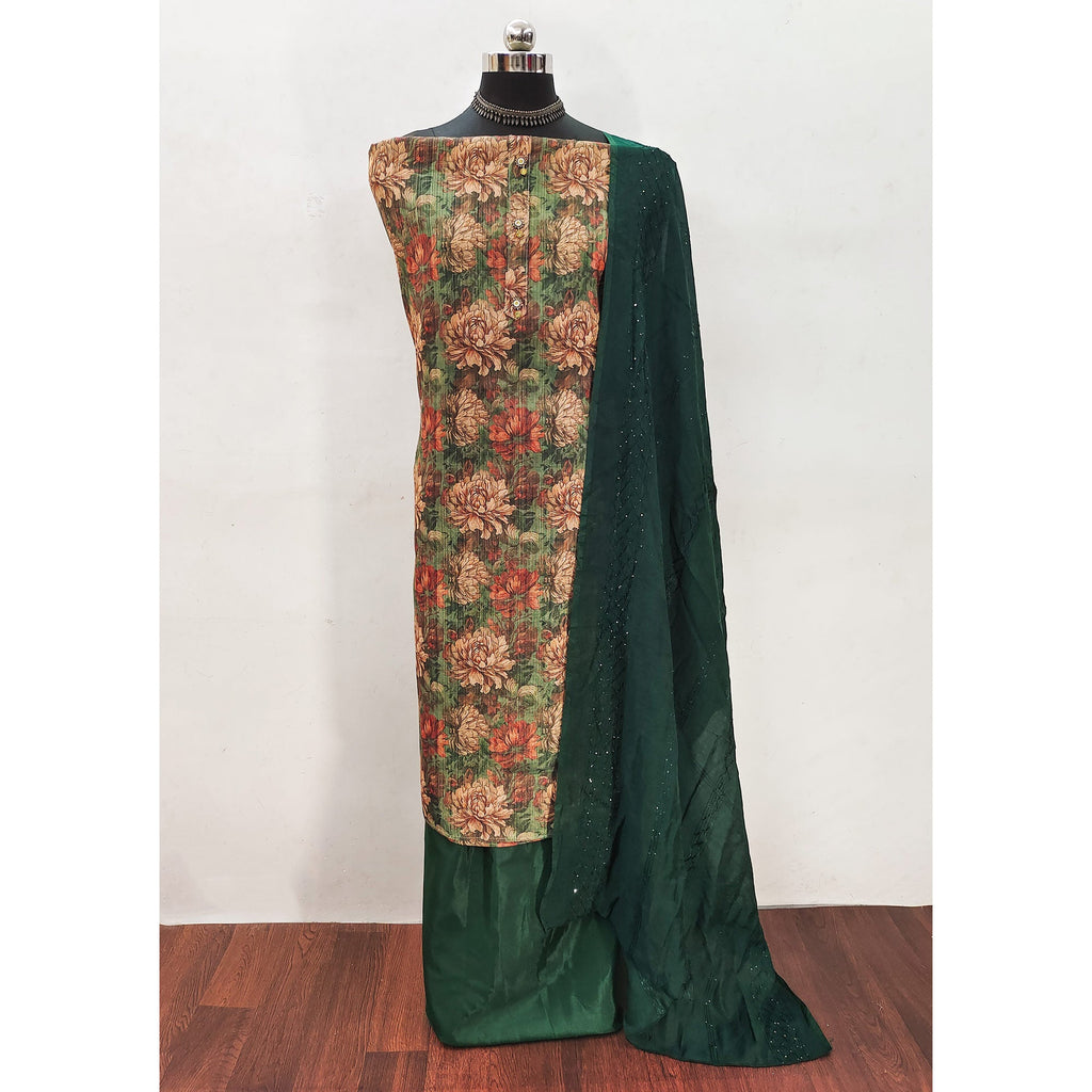 Green Floral Printed Cotton Silk Dress Material