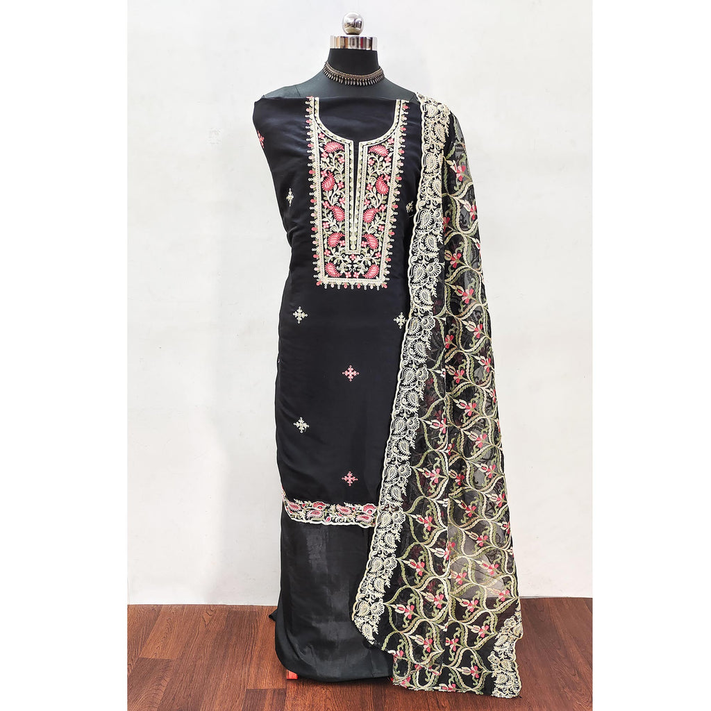 Black Floral Embroidered Georgette Dress Material