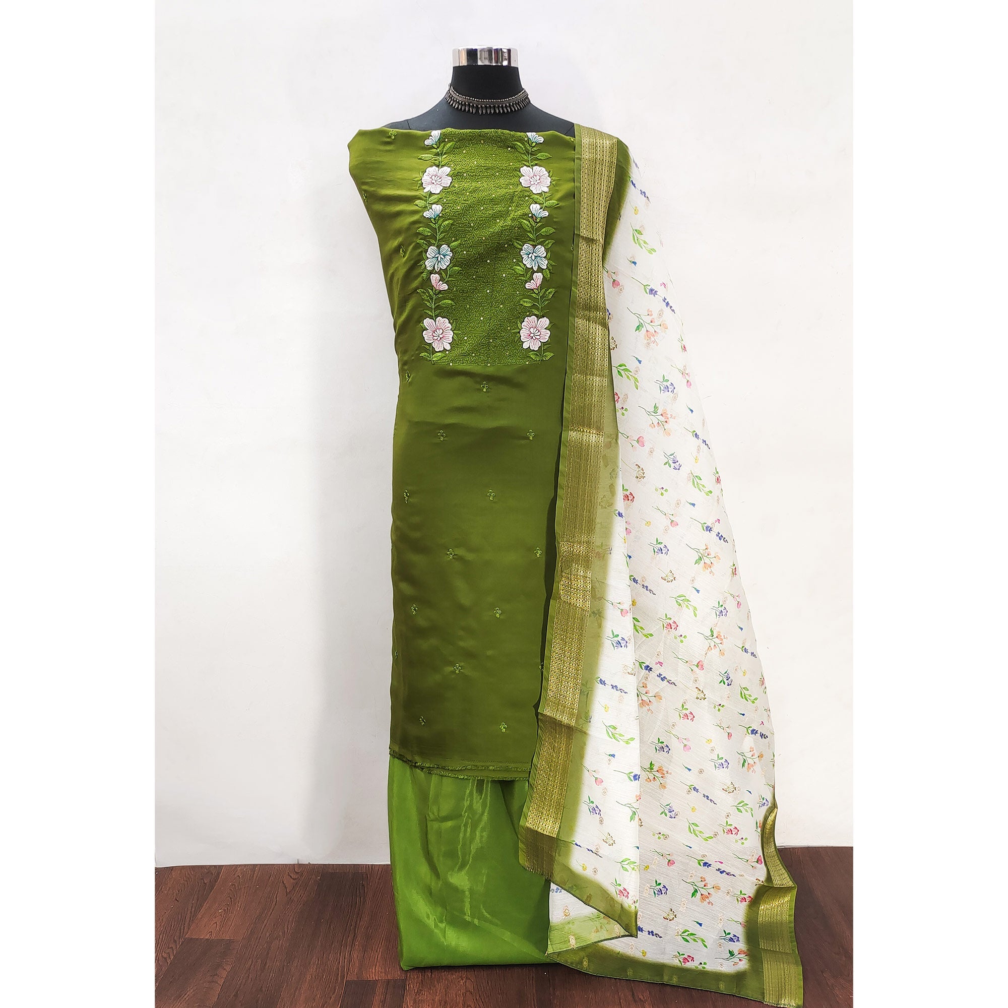 Green Viscose Dress Material with Intricate Floral Embroidery