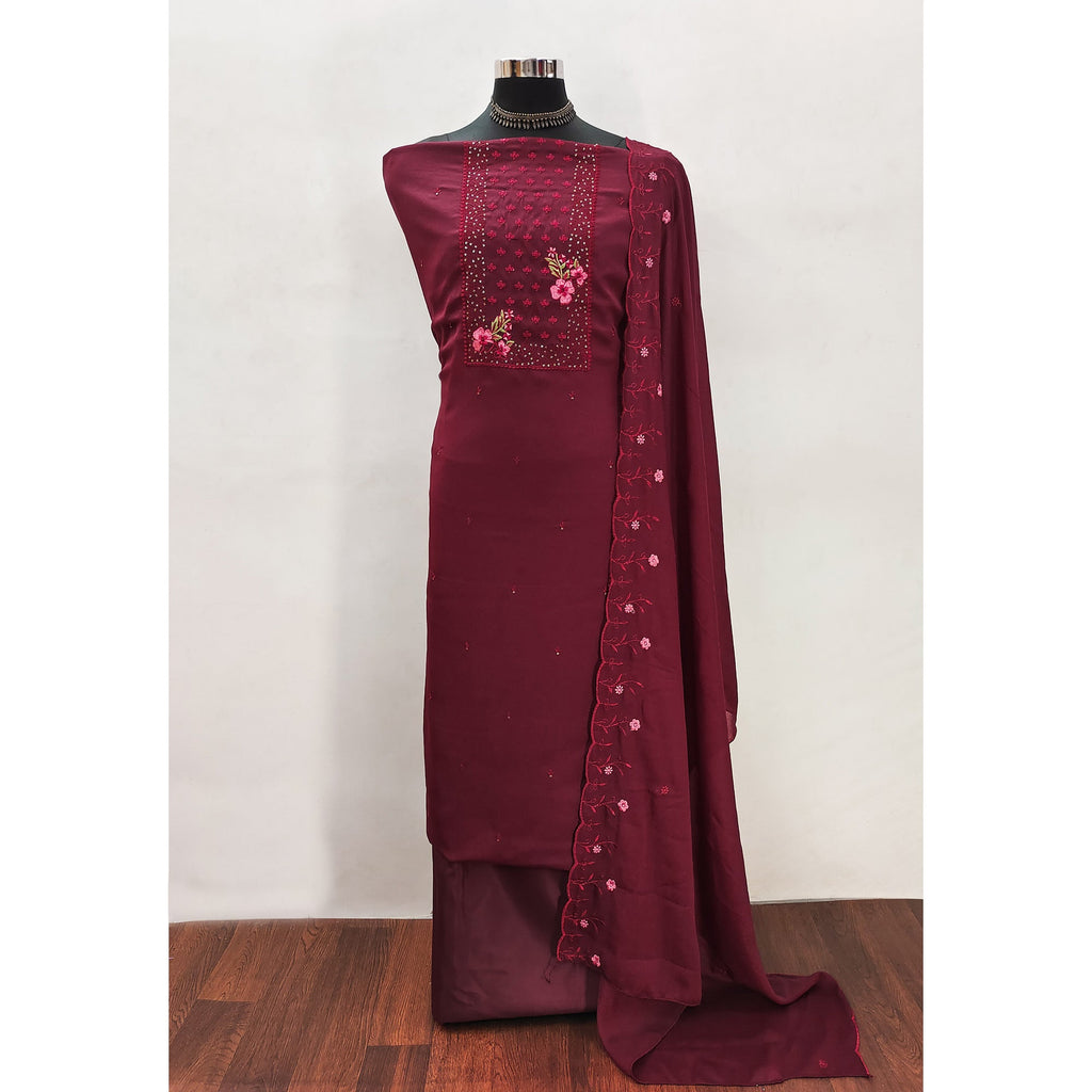 Designer Maroon Georgette Fabric with Intricate Floral Embroidery