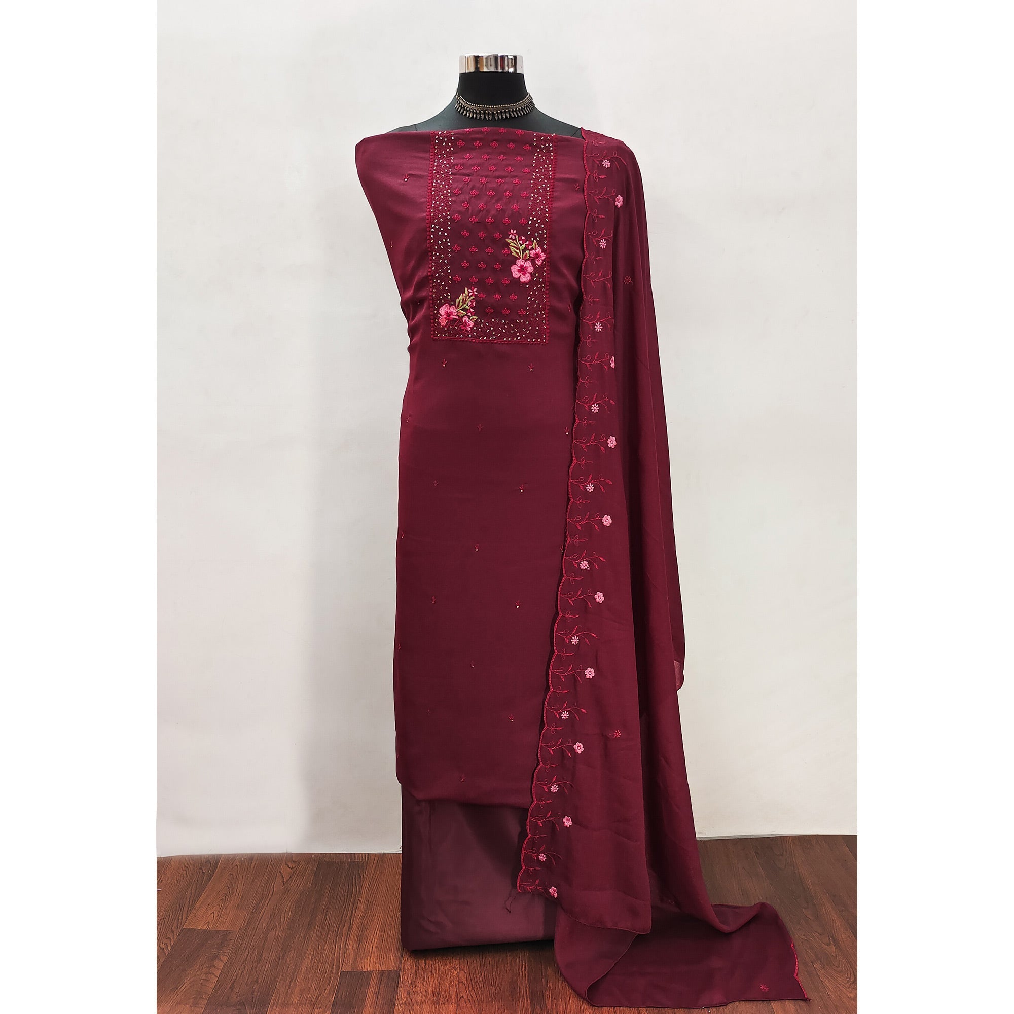 Designer Maroon Georgette Fabric with Intricate Floral Embroidery
