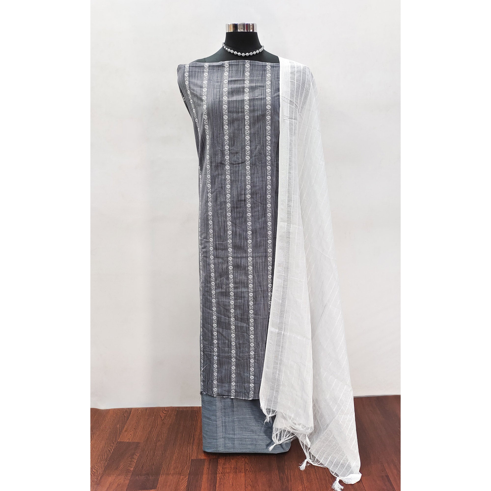 Intricate Weaving Work on Grey Pure Cotton Dress Material
