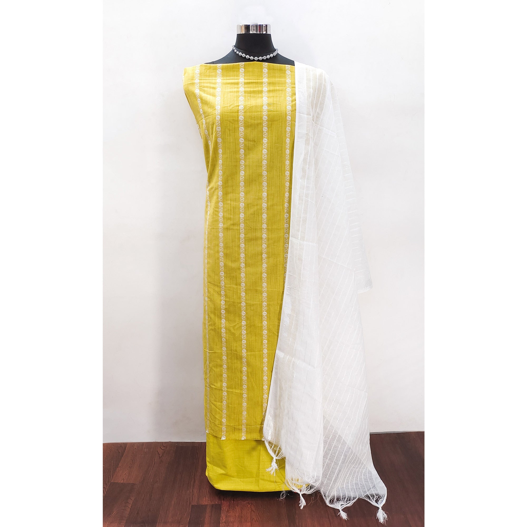 Intricate Weaving Work on Yellow Pure Cotton Dress Material