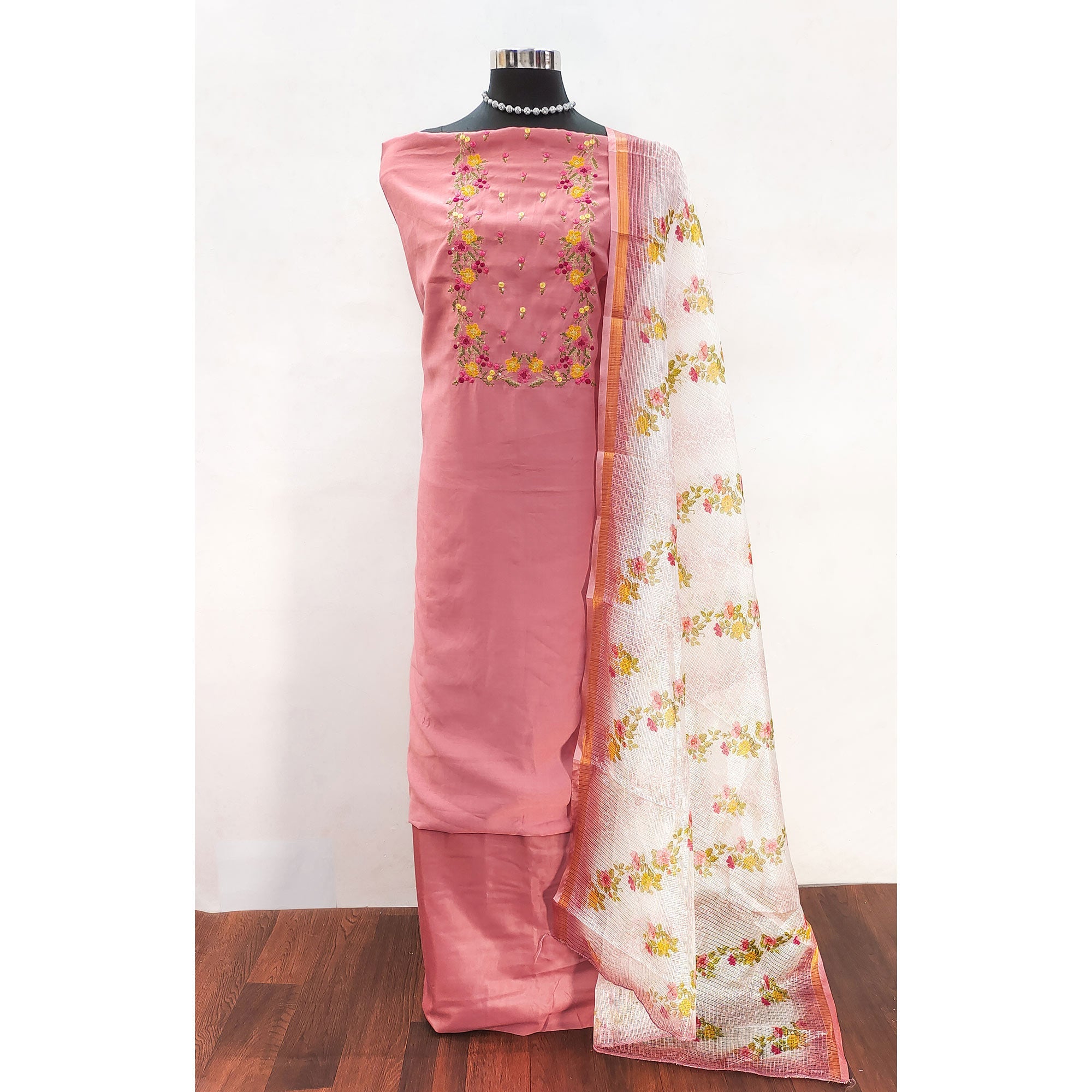 Peach Viscose Dress Material With Floral Embroidered Neckline