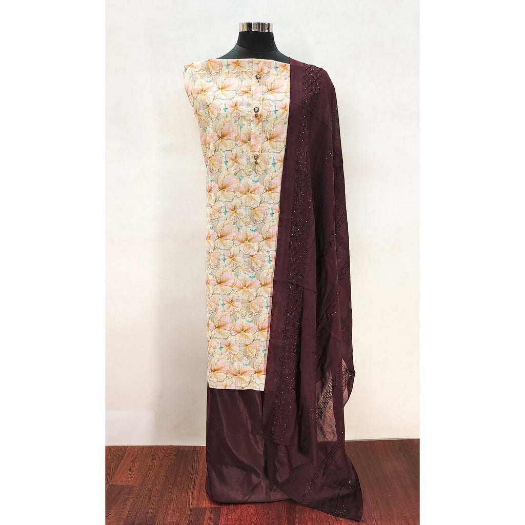 Cream Linen Dress Material With Delicate Floral Print