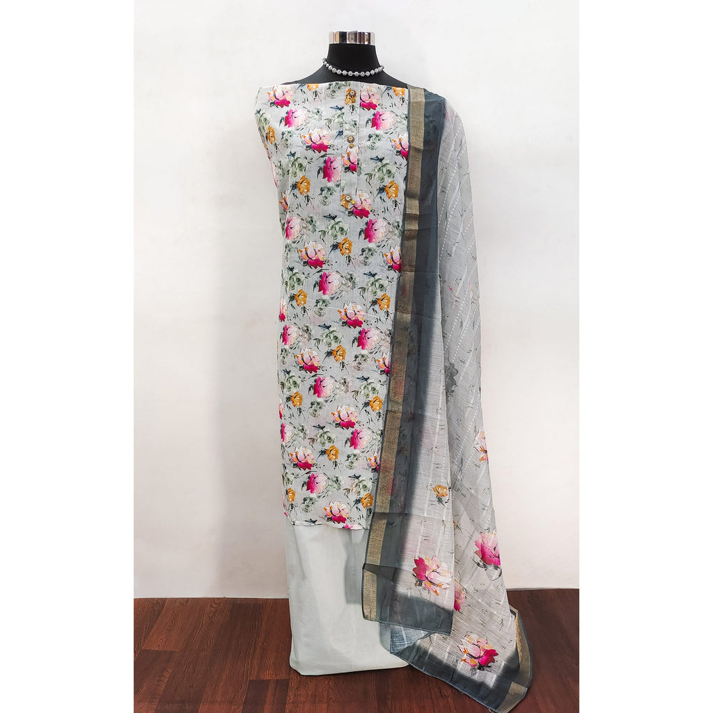 Grey Linen Dress Material With Delicate Floral Print