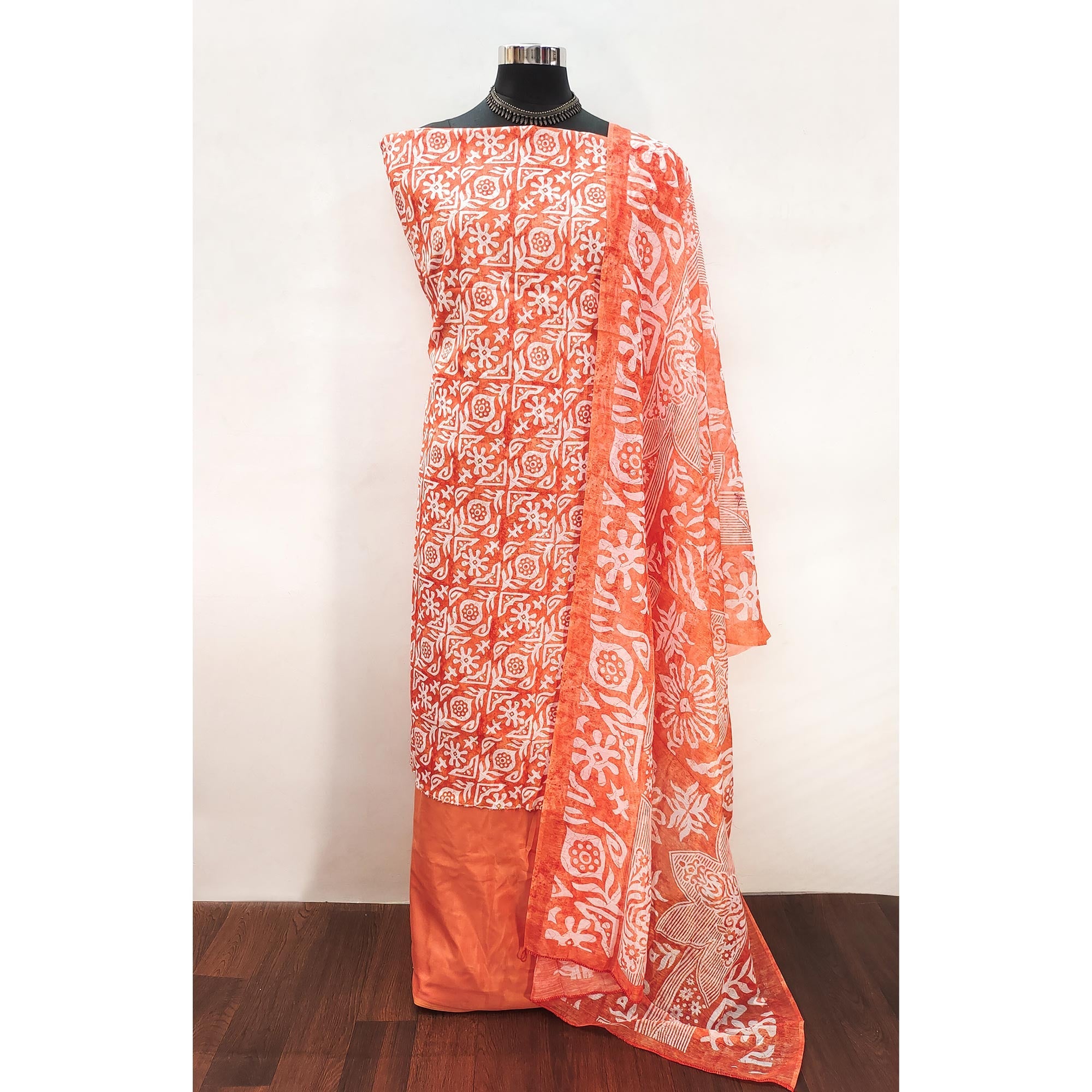 Orange Traditional Batik Print on Linen Dress Material