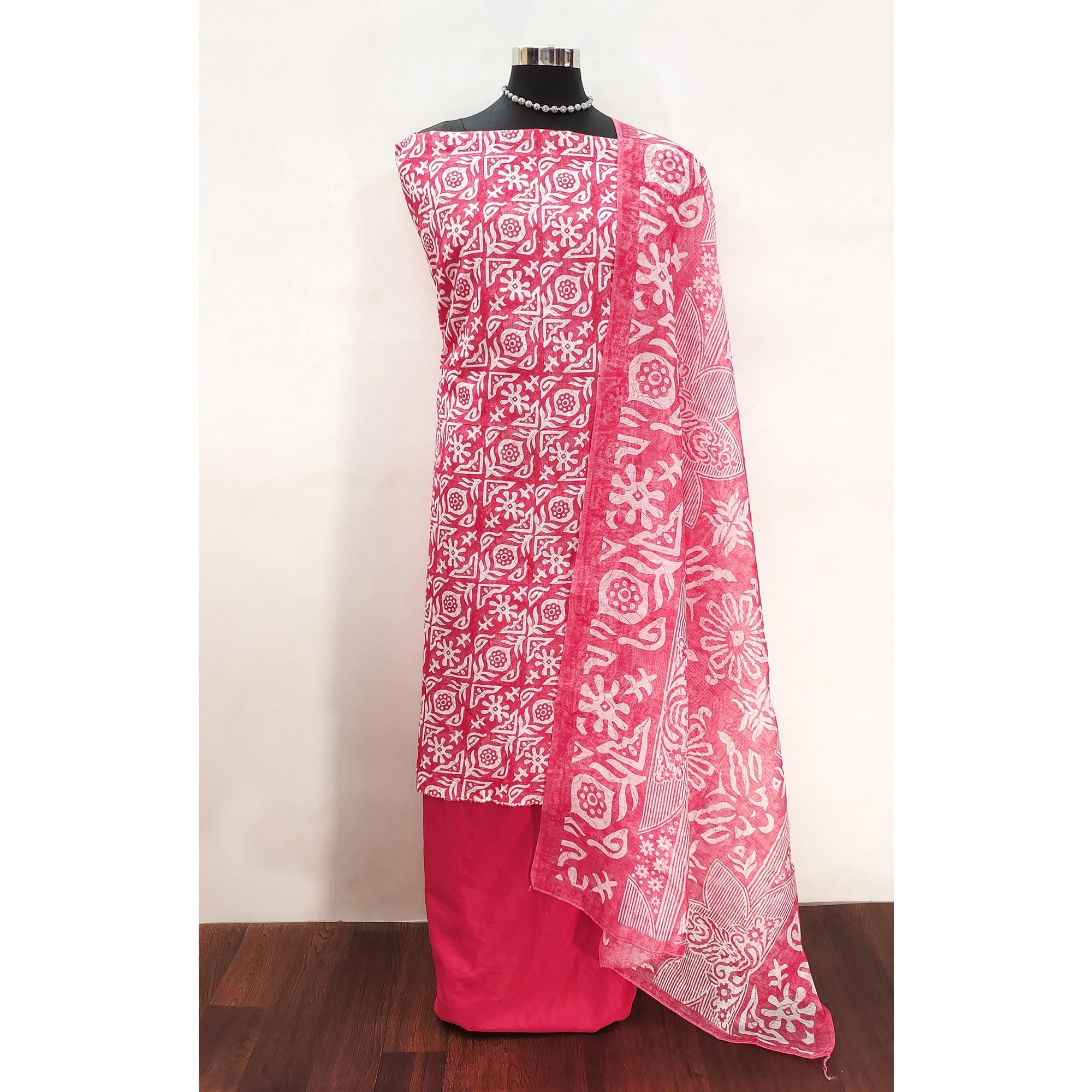 Pink Traditional Batik Print on Linen Dress Material