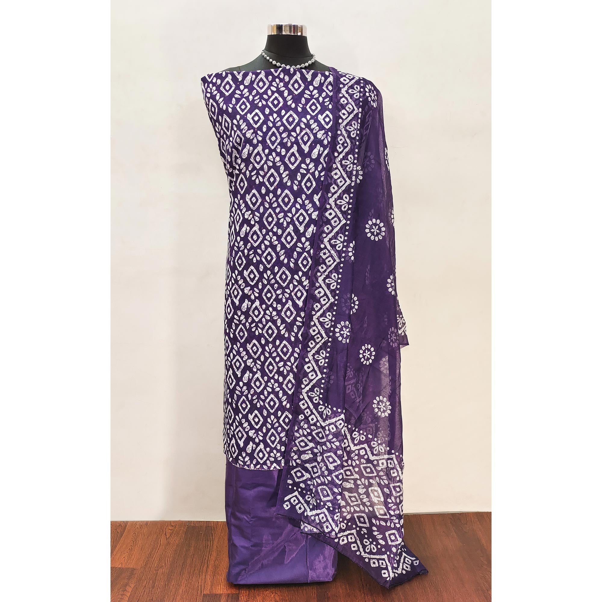 Blue Chanderi Silk Dress Material With Traditional Batik Prints