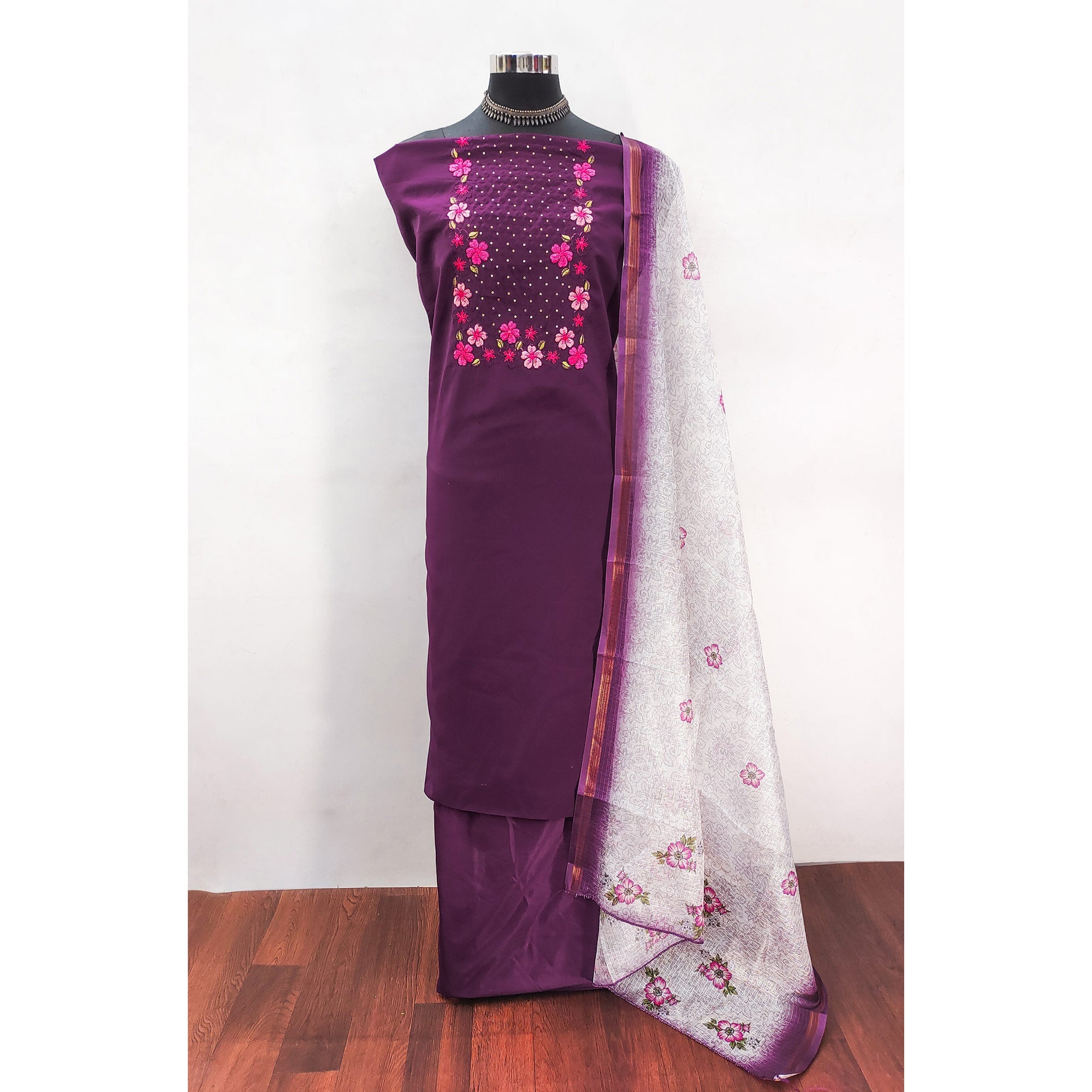 Dark Purple Delicate Floral Embroidery On Luxe Viscose Dress Material