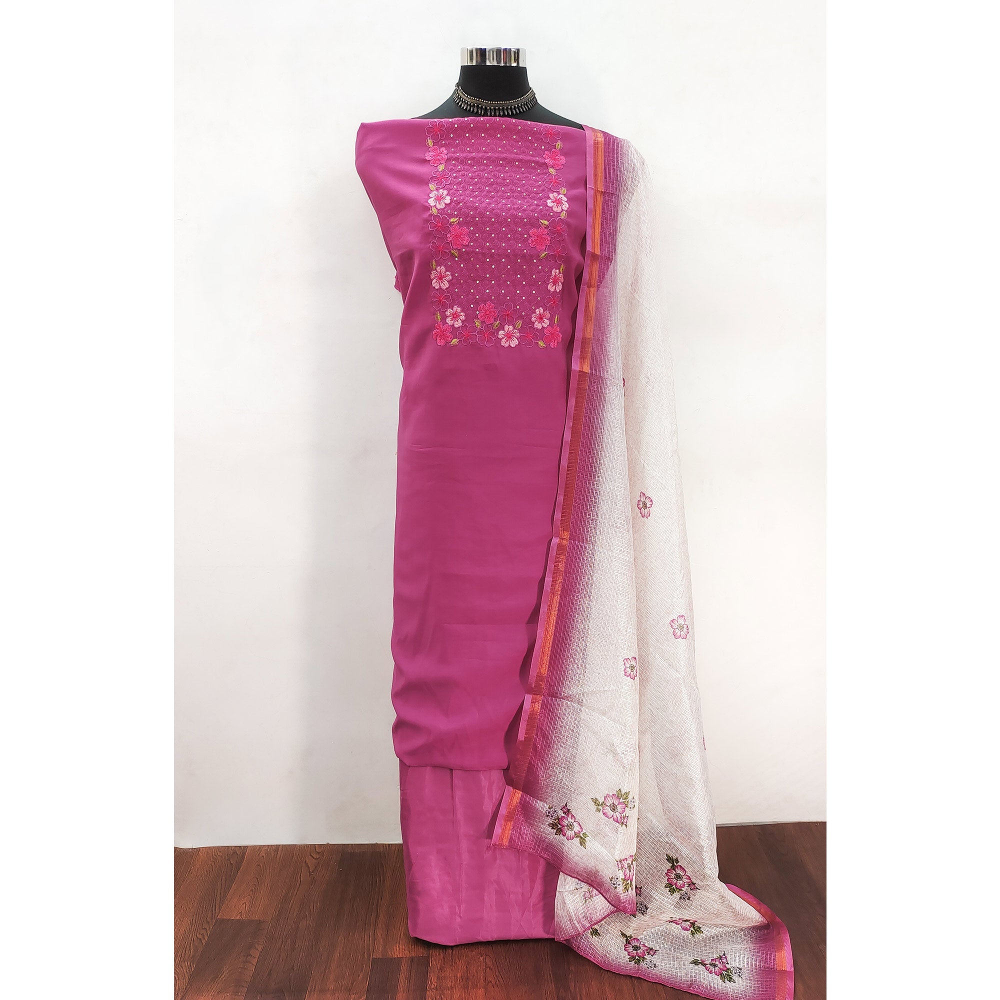 Pink Delicate Floral Embroidery On Luxe Viscose Dress Material